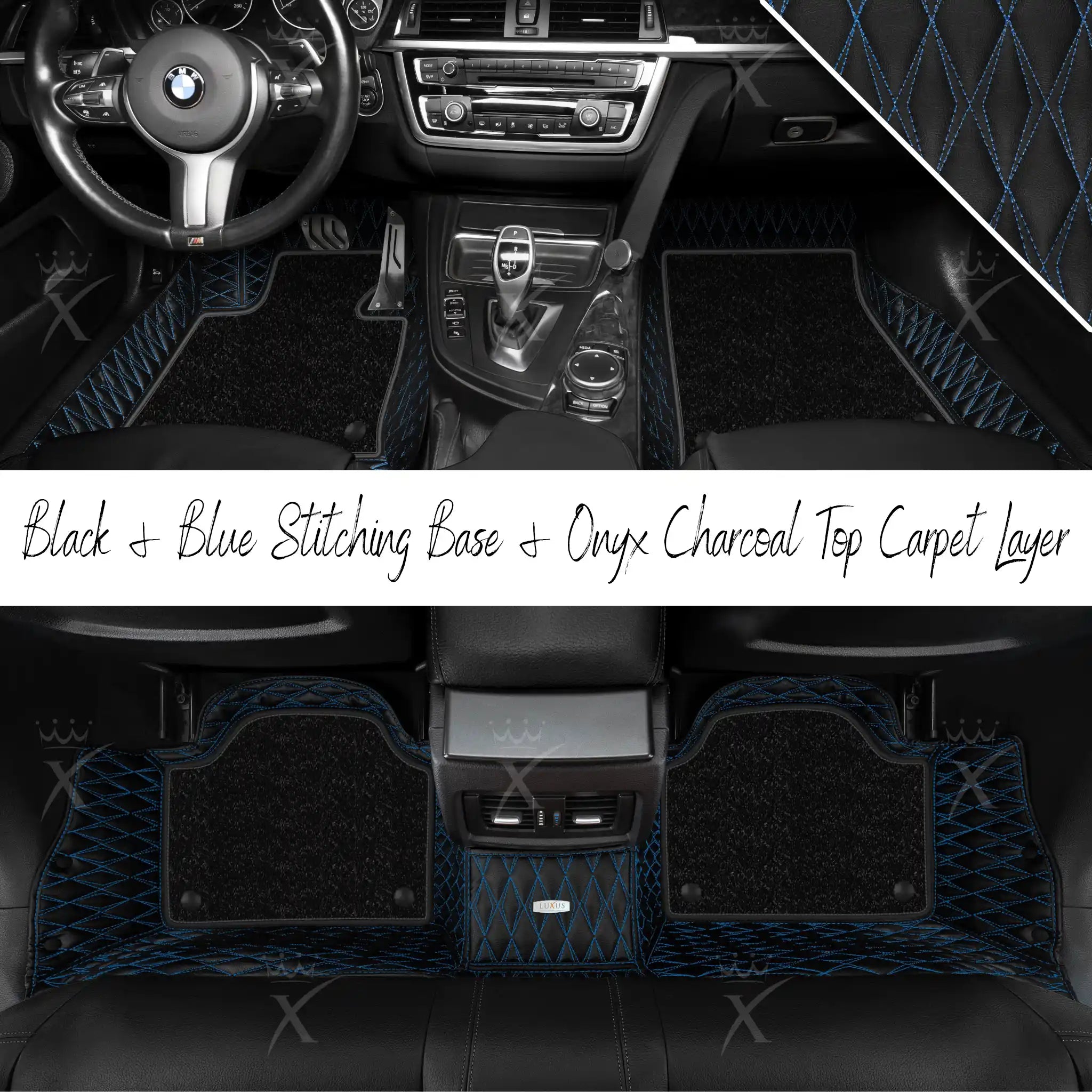Black & Blue Stitching Twin Diamond & Onyx Charcoal Carpet | Double Layer Luxury Car Mats Set