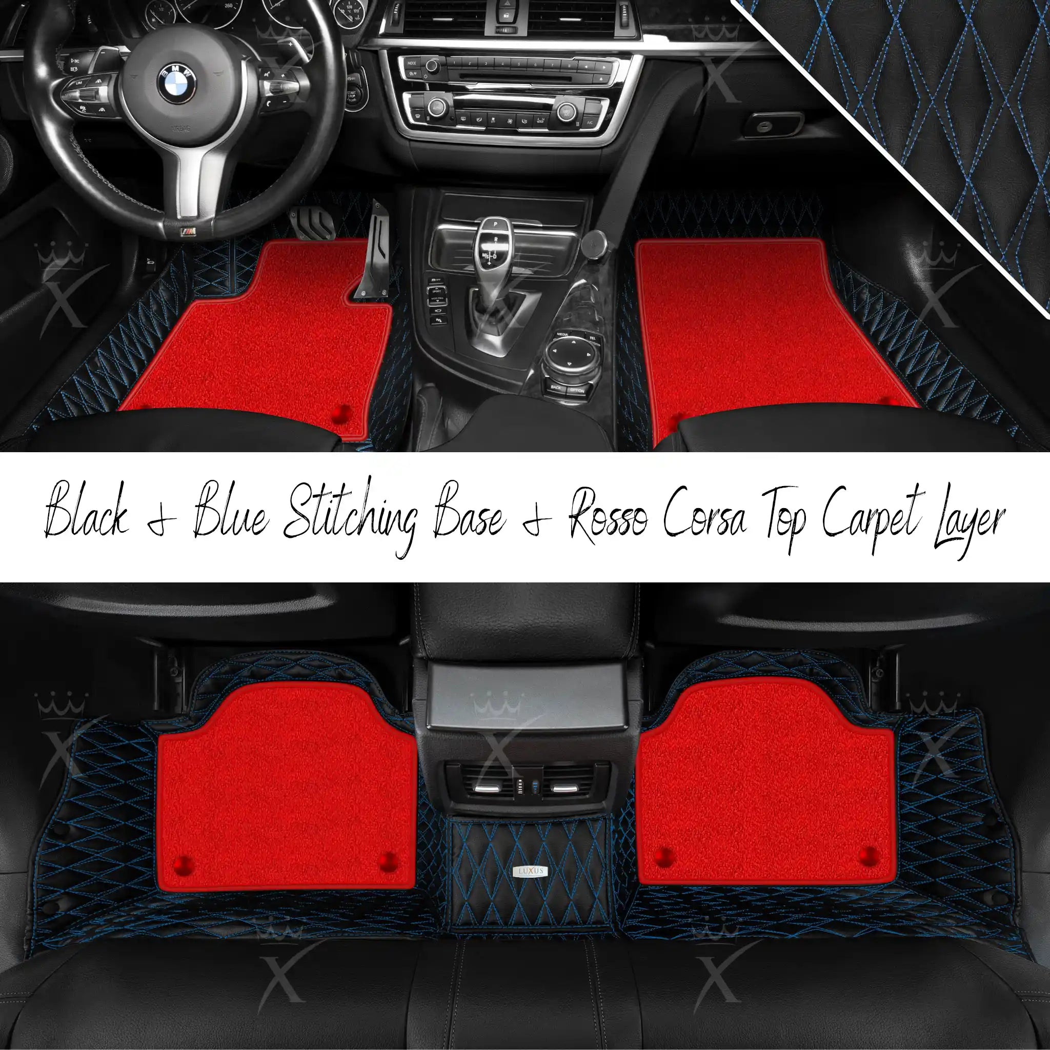 Black & Blue Stitching Twin Diamond & Rosso Corsa Carpet | Double Layer Luxury Car Mats Set