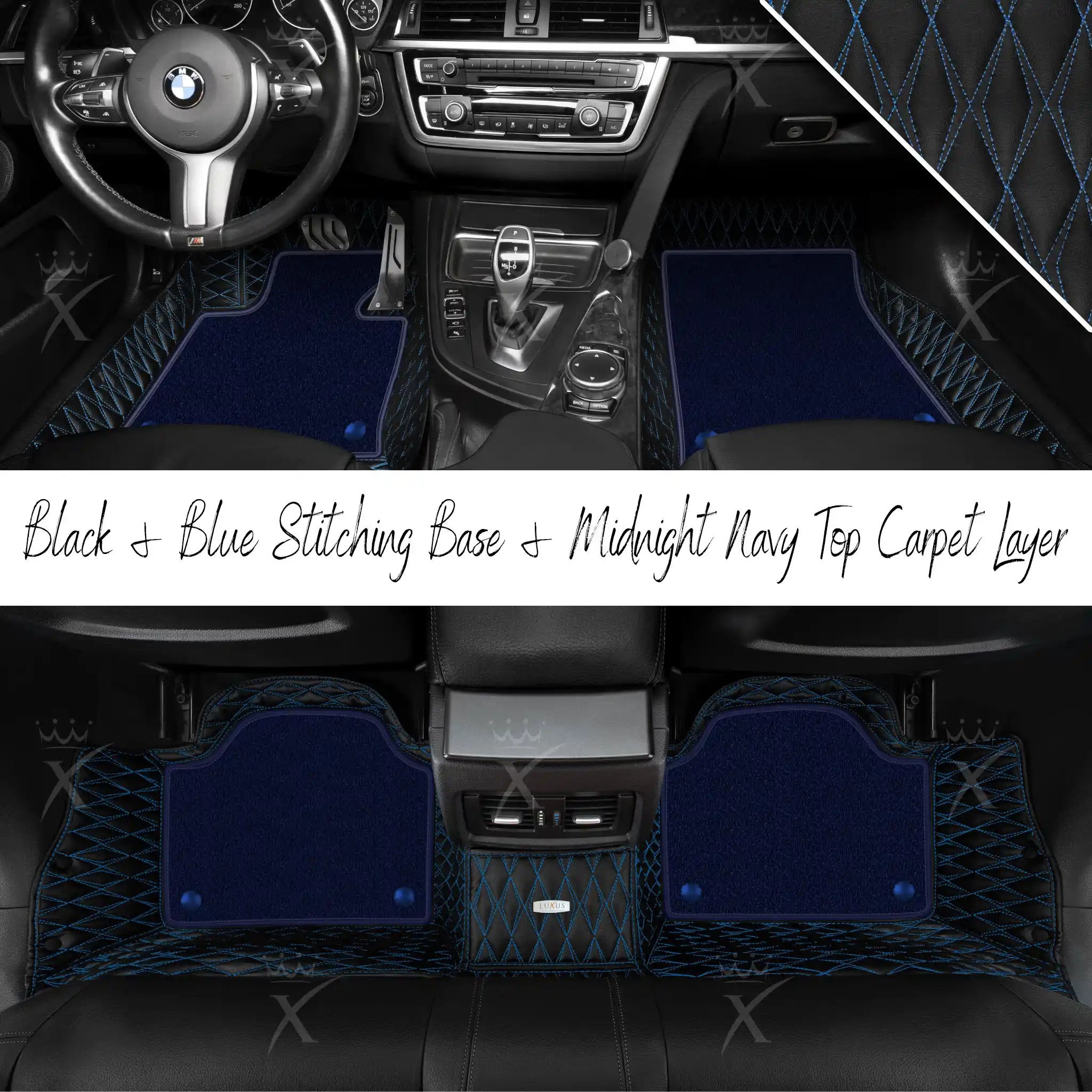 Black & Blue Stitching Twin Diamond & Midnight Navy Carpet | Double Layer Luxury Car Mats Set