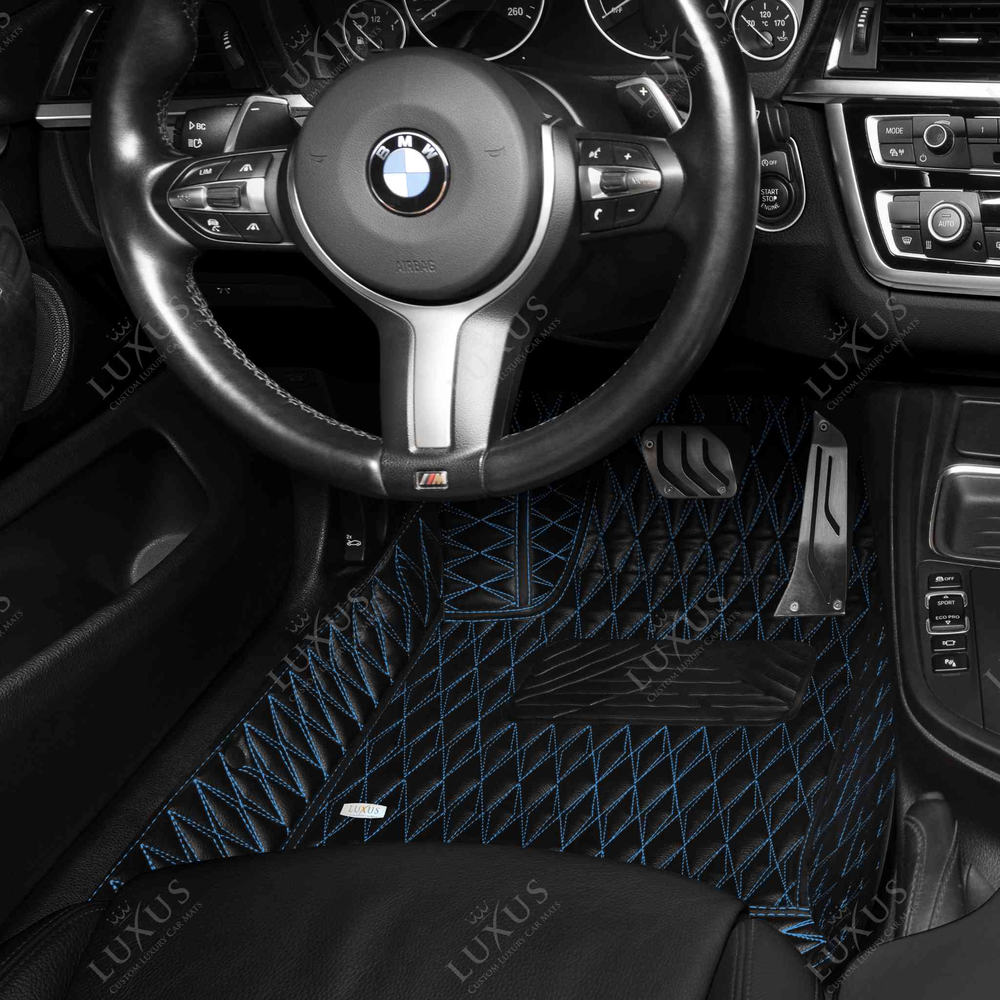 Luxus Premium Twin-Diamond Custom Luxury Car Mats Set | Black & Blue Stitching