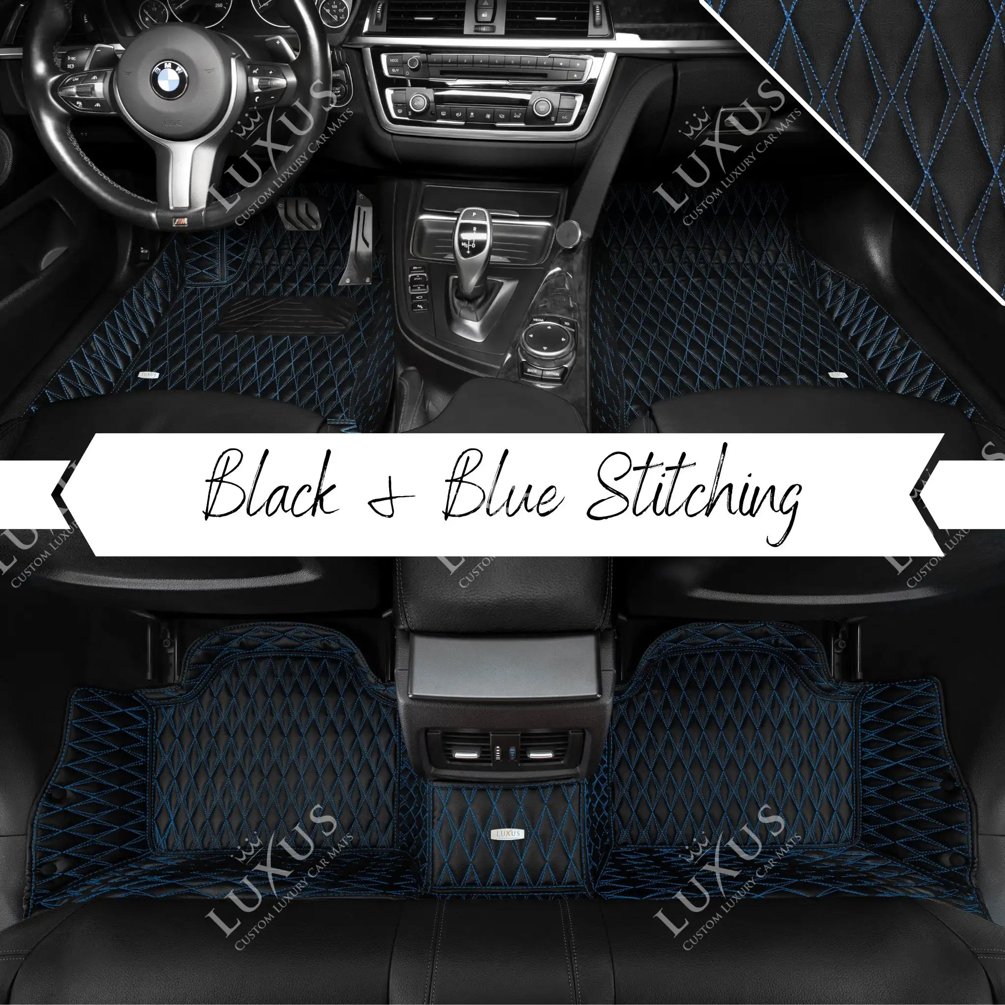 Luxus Premium Twin-Diamond Custom Luxury Car Mats Set | Black & Blue Stitching