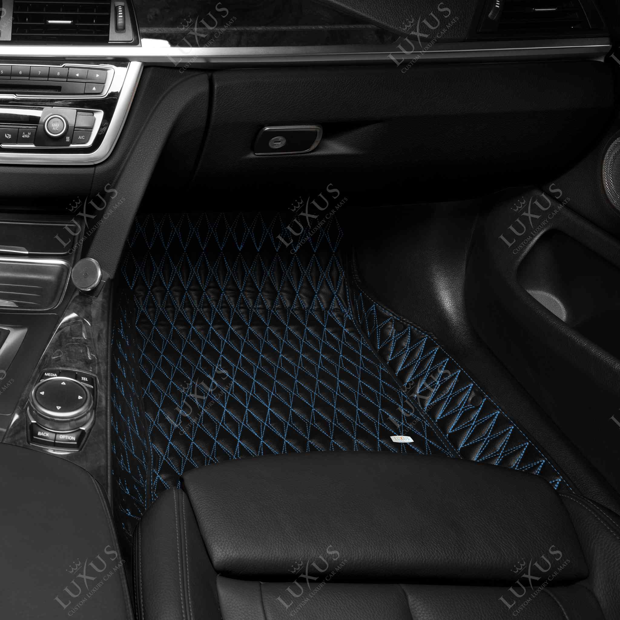 Luxus Premium Twin-Diamond Custom Luxury Car Mats Set | Black & Blue Stitching