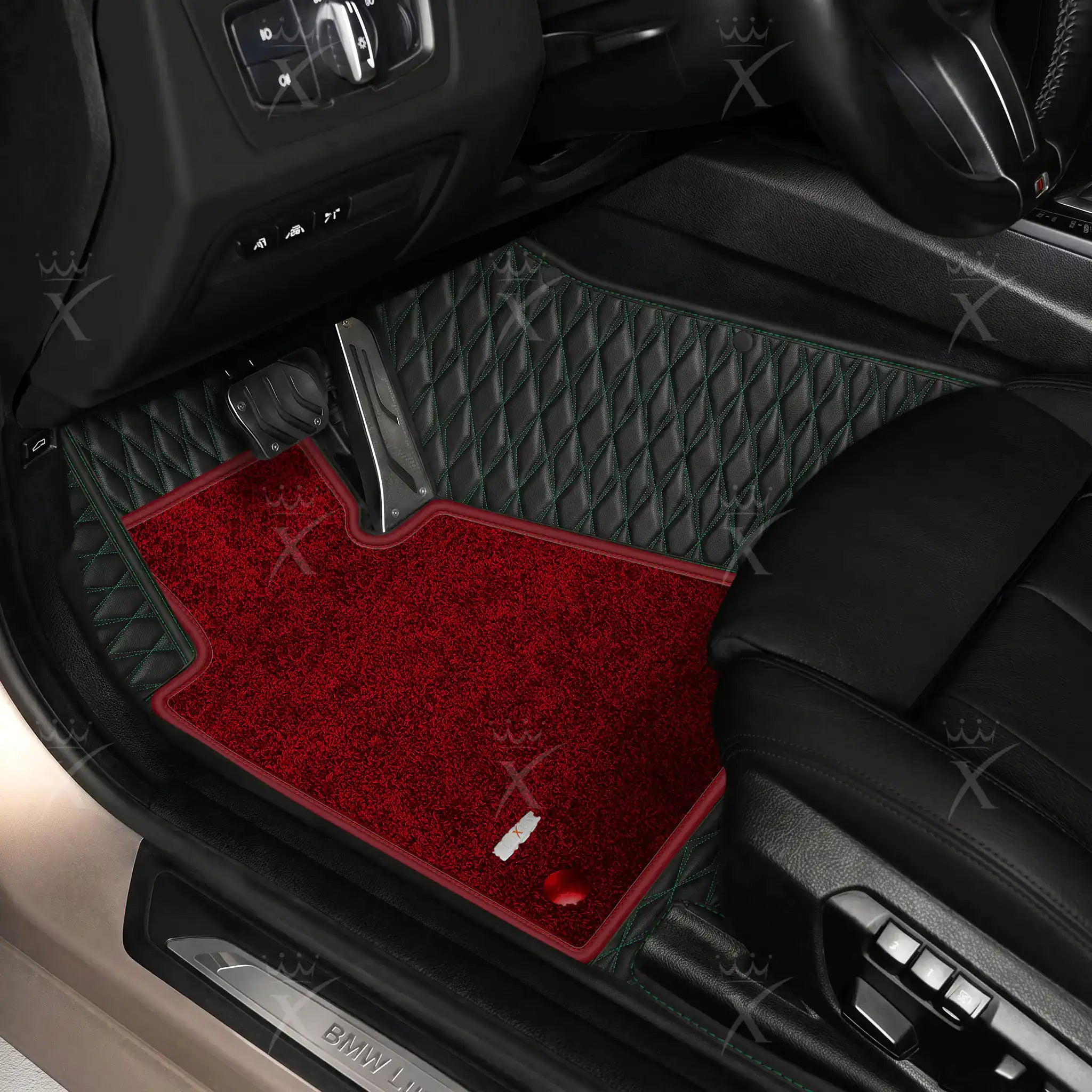 Luxus Twin-Diamond Double Layer Series Floor Mats | Black & Green Stitching & Bordeaux Wine Top Carpet