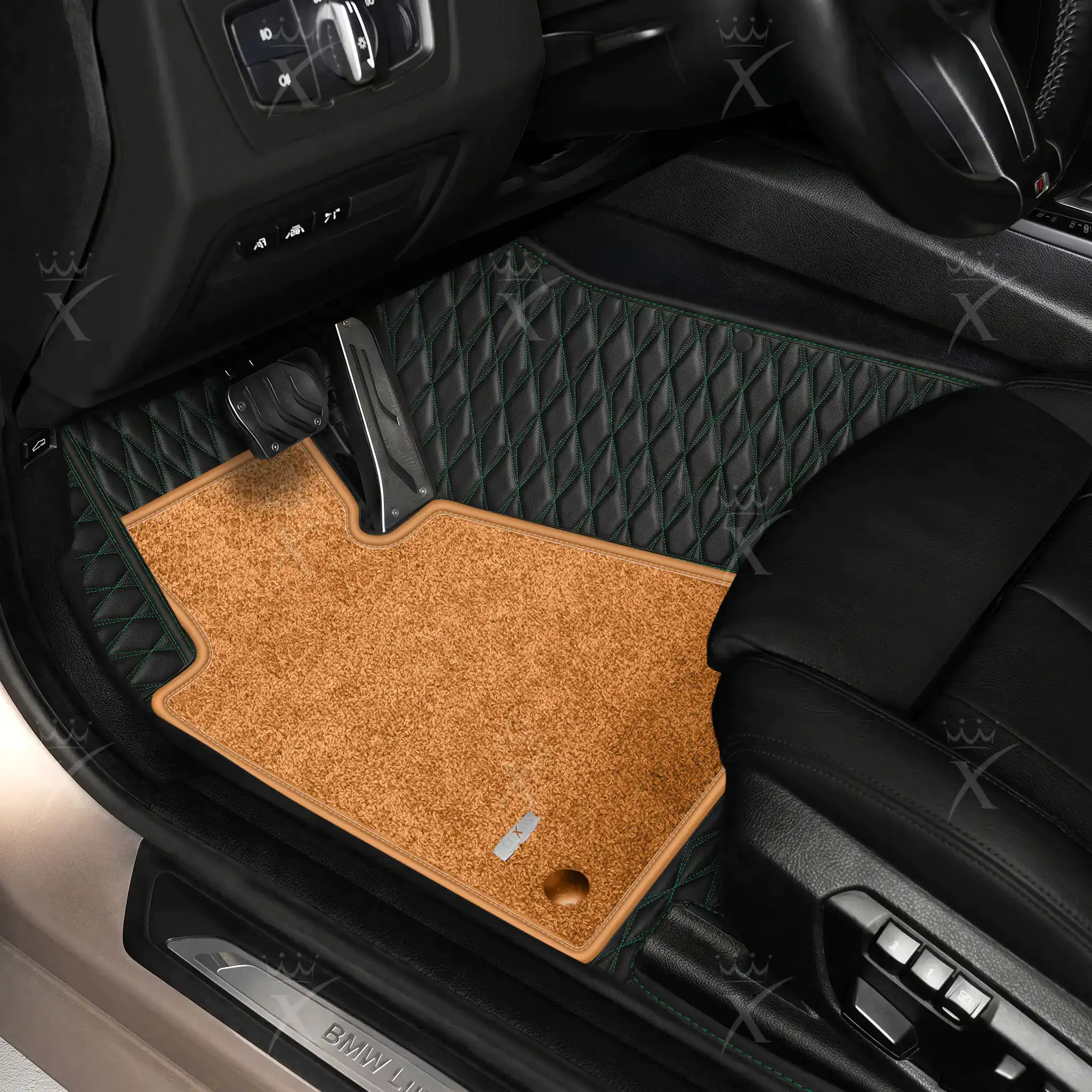 Luxus Twin-Diamond Double Layer Series Floor Mats | Black & Green Stitching & Cognac Tan Top Carpet