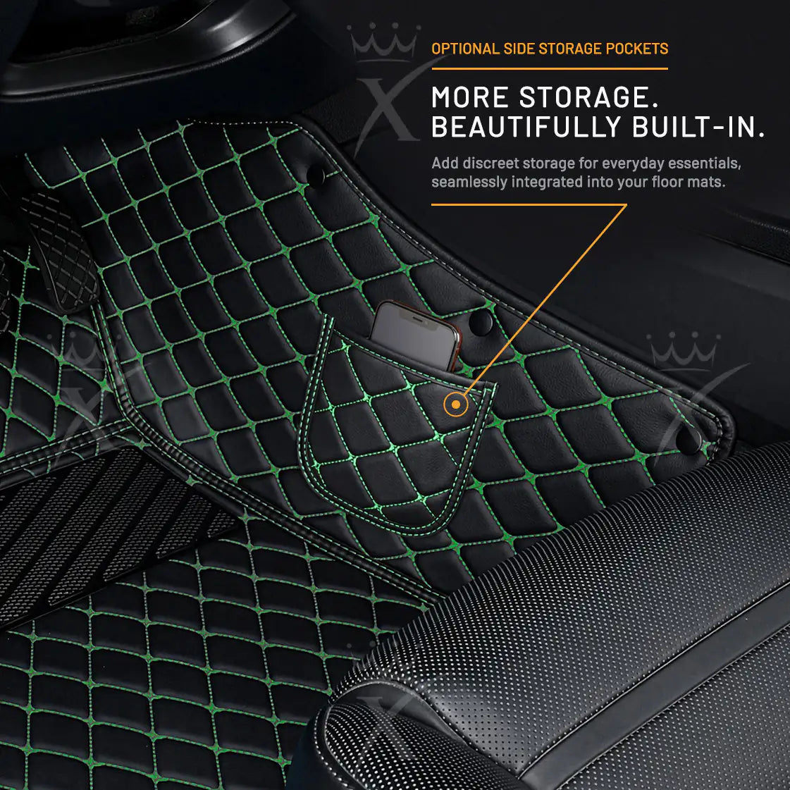 Luxus Diamond Series Floor Mats | Black & Green Stitching
