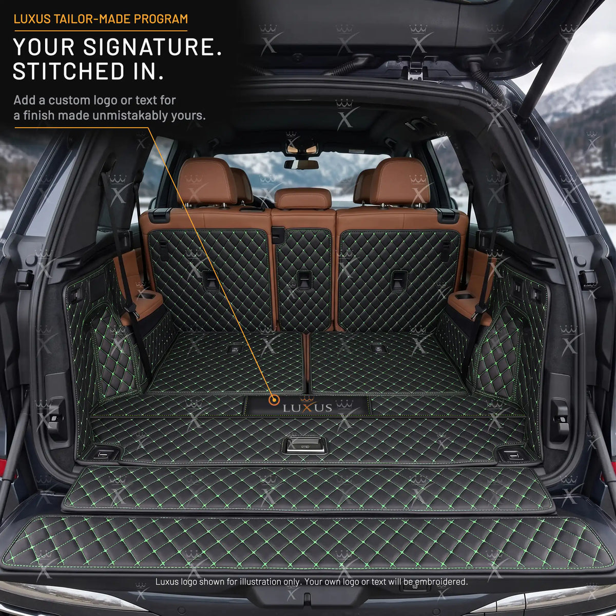 Luxus Diamond 360Fit Series Trunk Mat | Black & Green Stitching