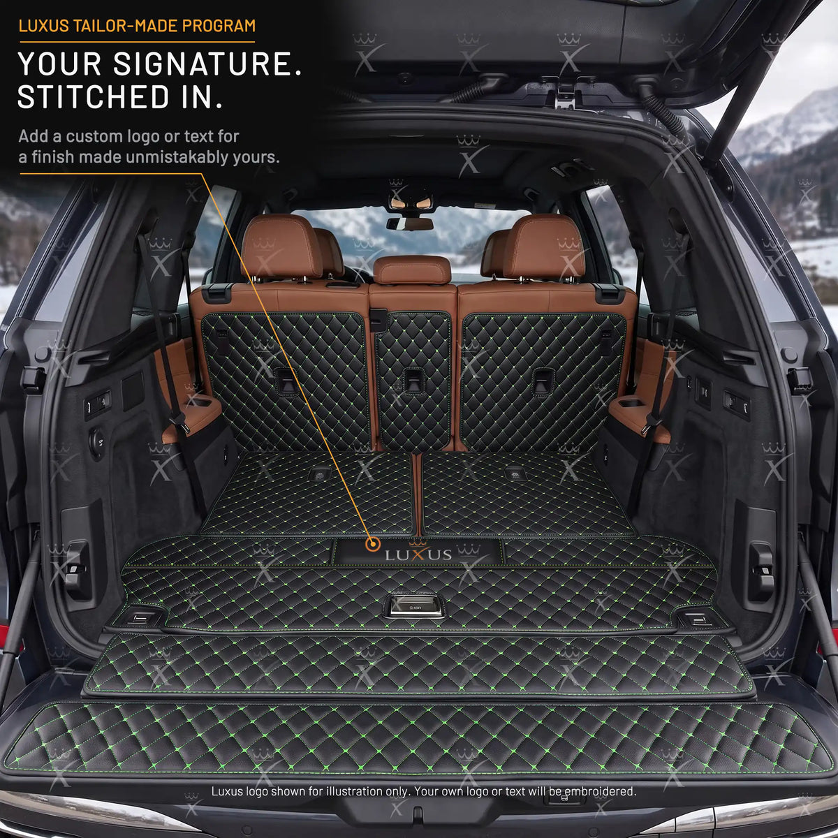 Luxus Car Mats™ – 3D-Luxus-Leder-Kofferraum-/Kofferraummatte in Schwarz und Schwarz mit Nähten