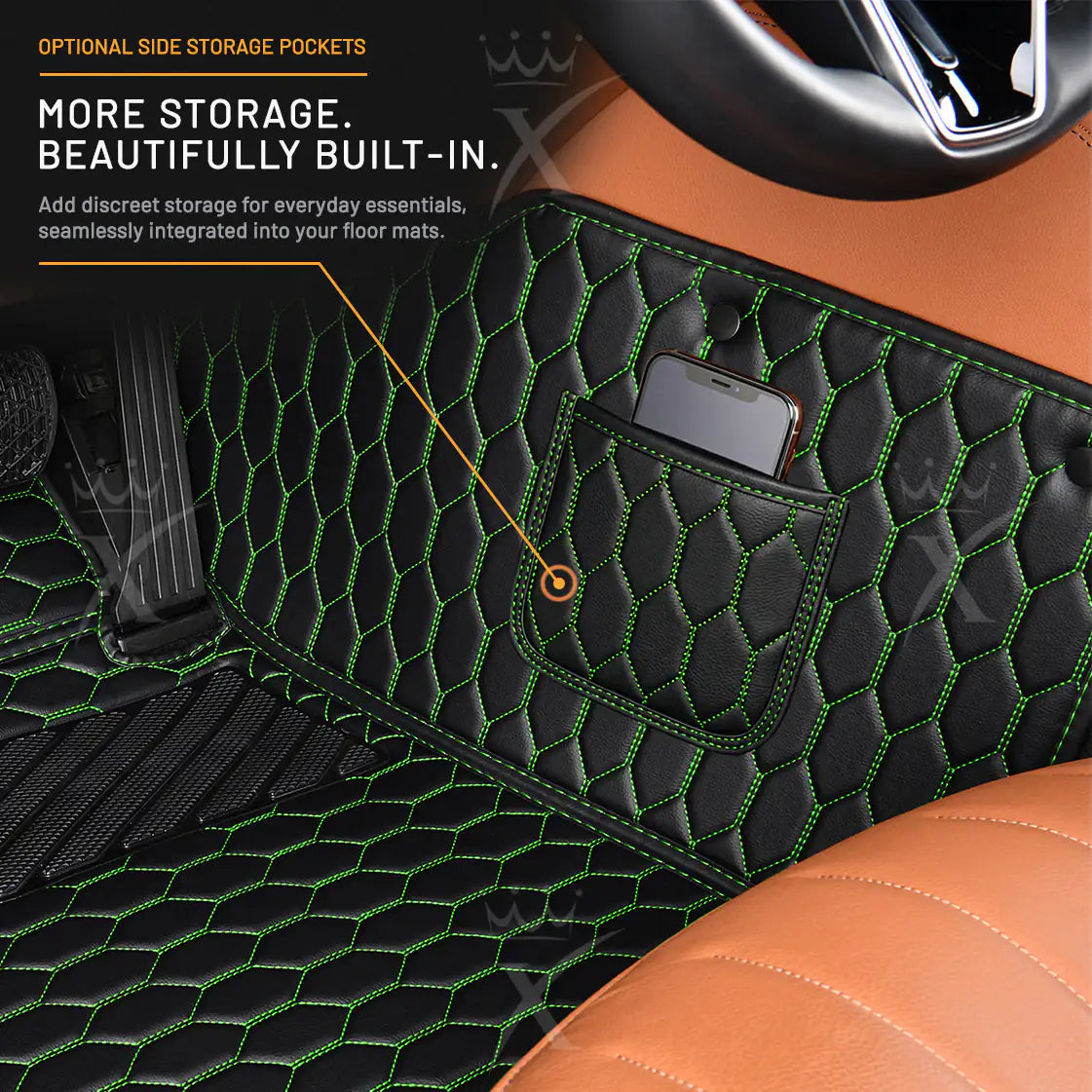 Luxus Honeycomb Series Floor Mats | Black & Green Stitching