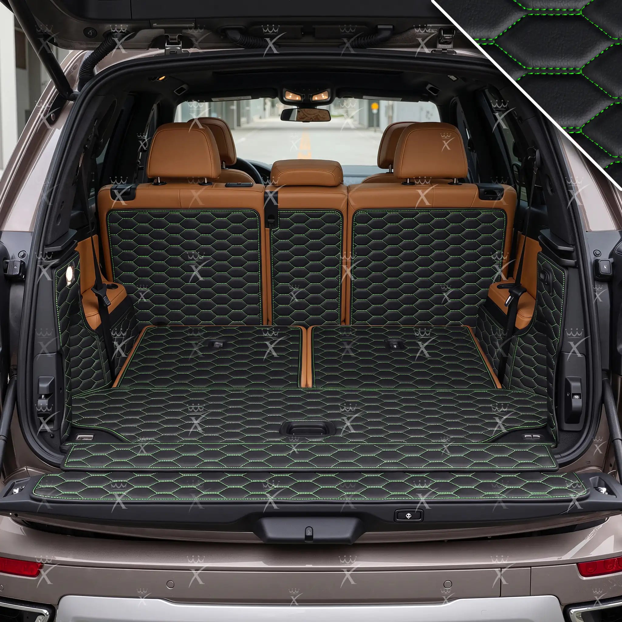 Luxus Honeycomb 360Fit Series Trunk Mat | Black & Green Stitching