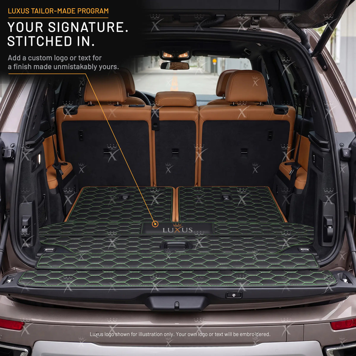 Luxus Honeycomb BaseFit Series Trunk Mat | Black & Green Stitching