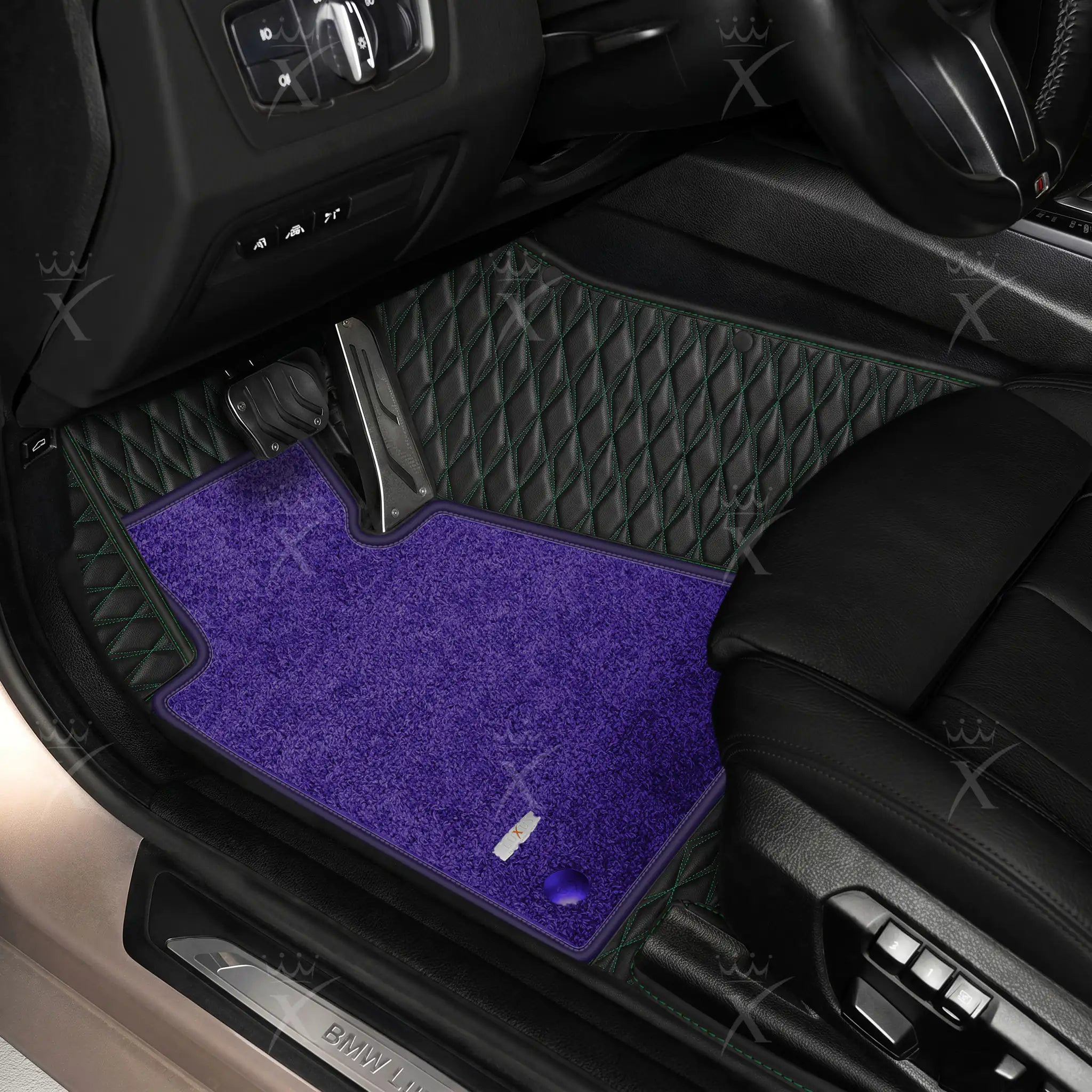 Luxus Twin-Diamond Double Layer Series Floor Mats | Black & Green Stitching & Imperial Violet Top Carpet