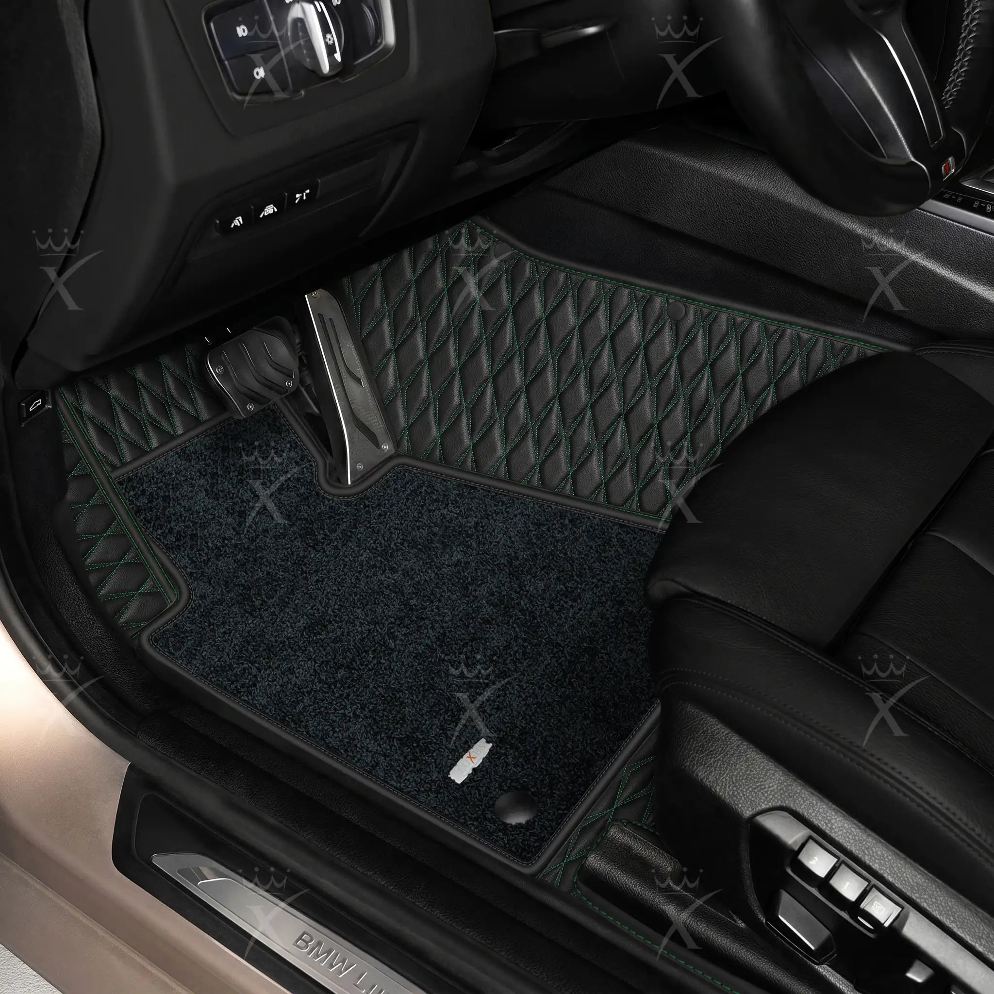 Luxus Twin-Diamond Double Layer Series Floor Mats | Black & Green Stitching & Obsidian Black Top Carpet