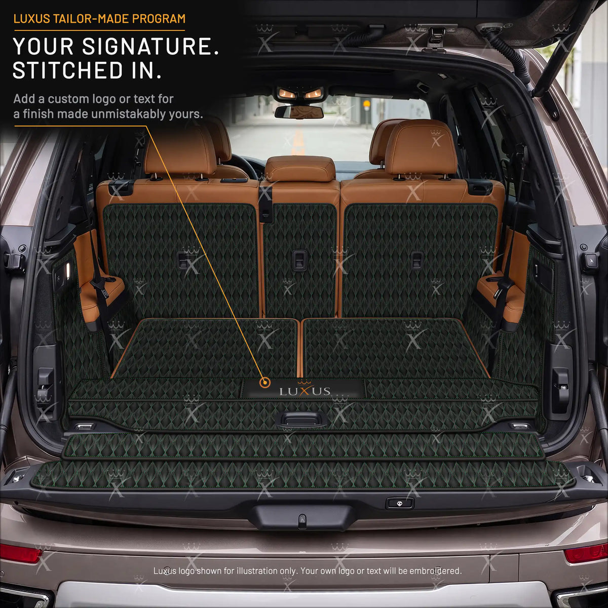 Luxus Twin-Diamond 360Fit Series Trunk Mat | Black & Green Stitching