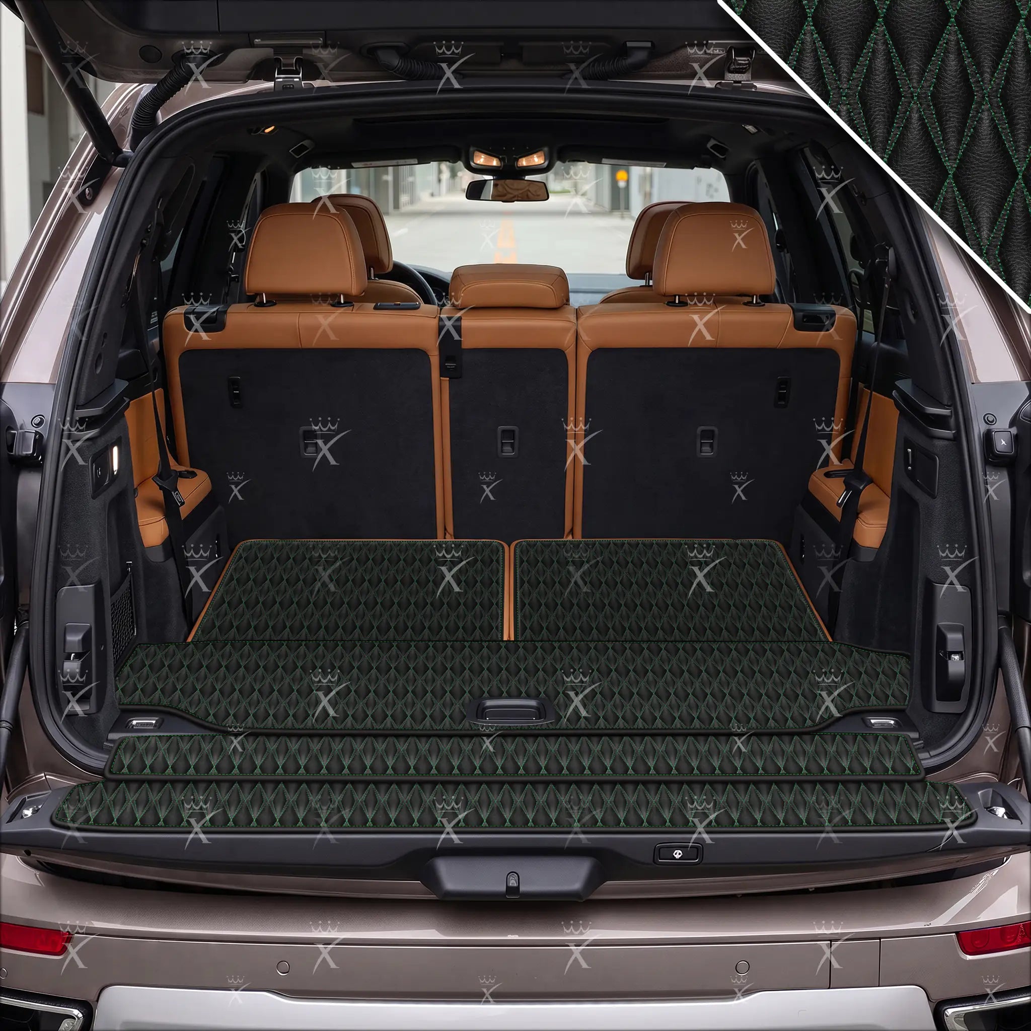 Luxus Twin-Diamond Base Series Trunk Mat | Black & Green Stitching