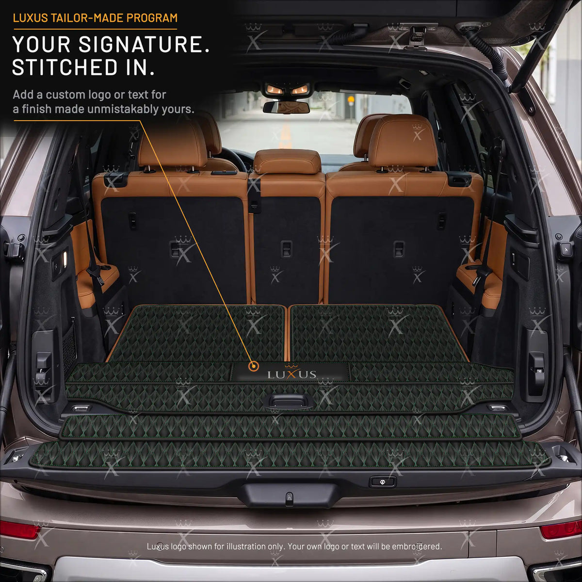 Luxus Twin-Diamond BaseFit Series Trunk Mat | Black & Green Stitching