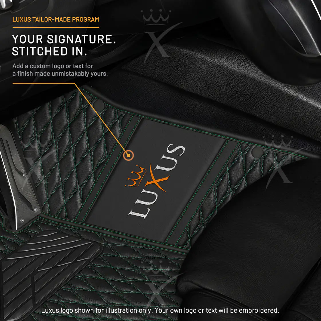 Luxus Twin-Diamond Double Layer Series Floor Mats | Black & Green Stitching & Sahara Stone Top Carpet
