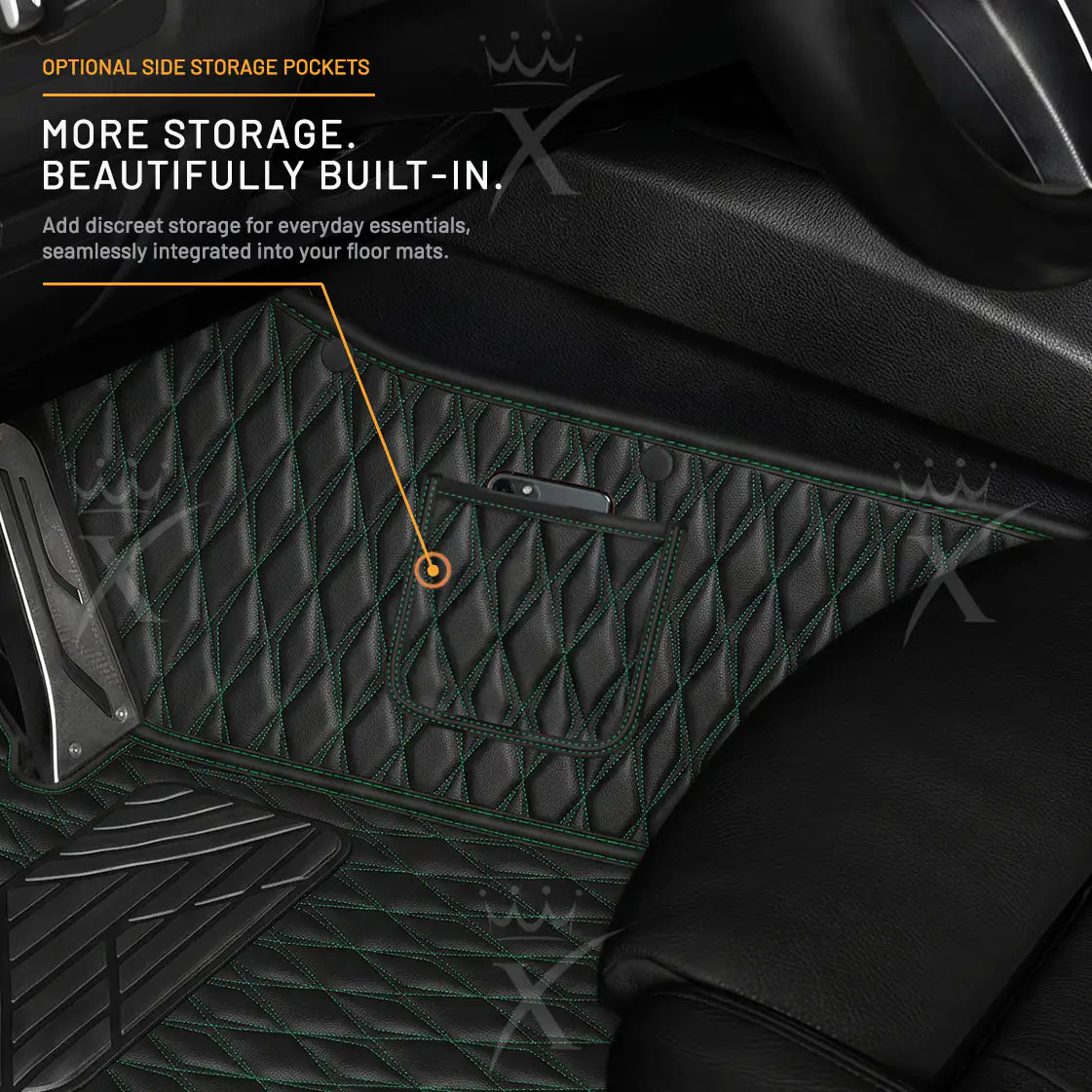 Luxus Twin-Diamond Double Layer Series Floor Mats | Black & Green Stitching & Aqua Frost Top Carpet