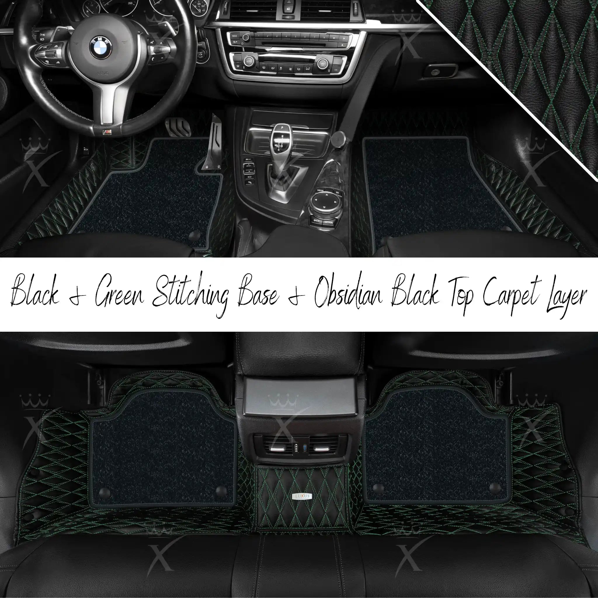Black & Green Stitching Twin Diamond & Obsidian Black Carpet | Double Layer Luxury Car Mats Set