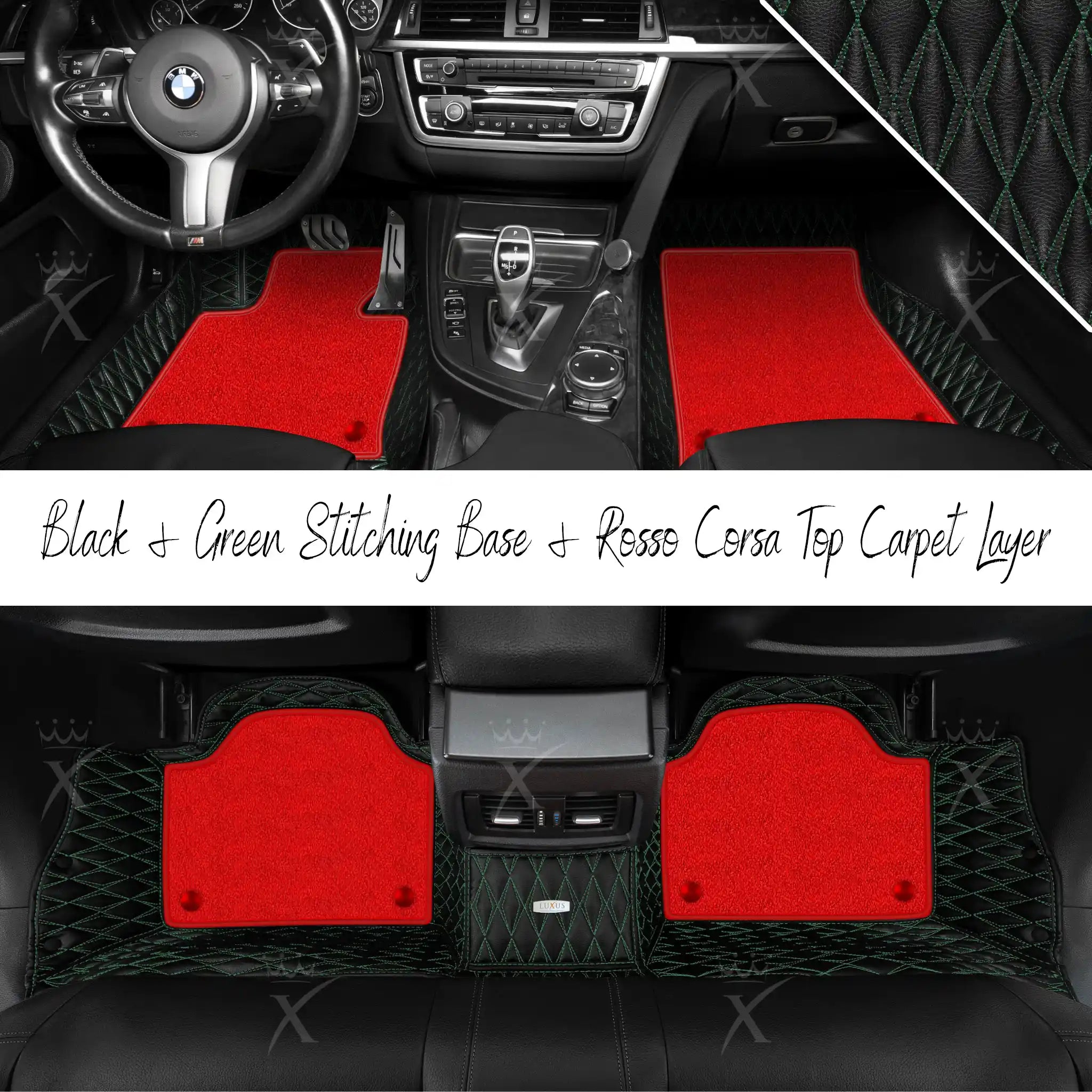 Black & Green Stitching Twin Diamond & Rosso Corsa Carpet | Double Layer Luxury Car Mats Set
