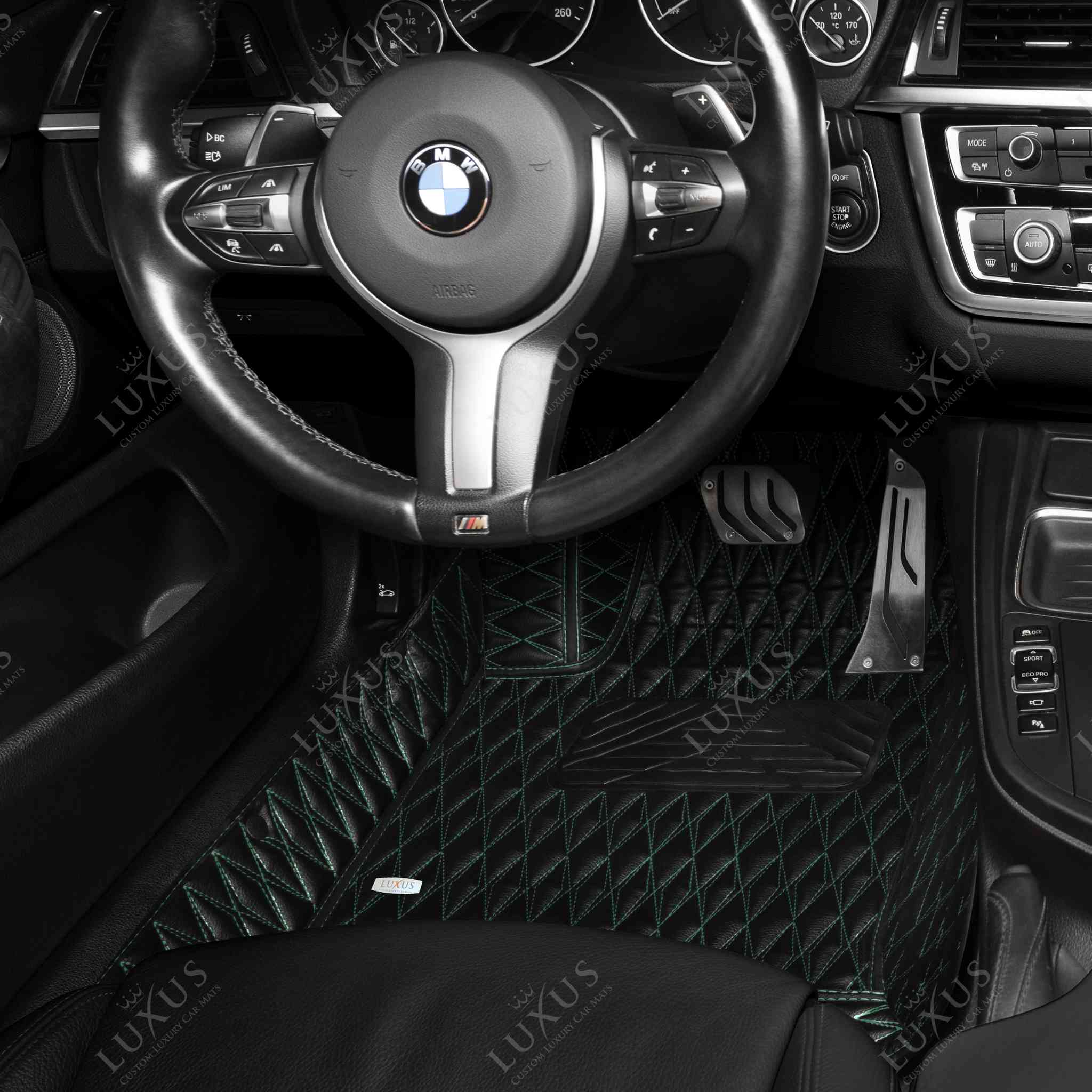 Luxus Premium Twin-Diamond Custom Luxury Car Mats Set | Black & Green Stitching