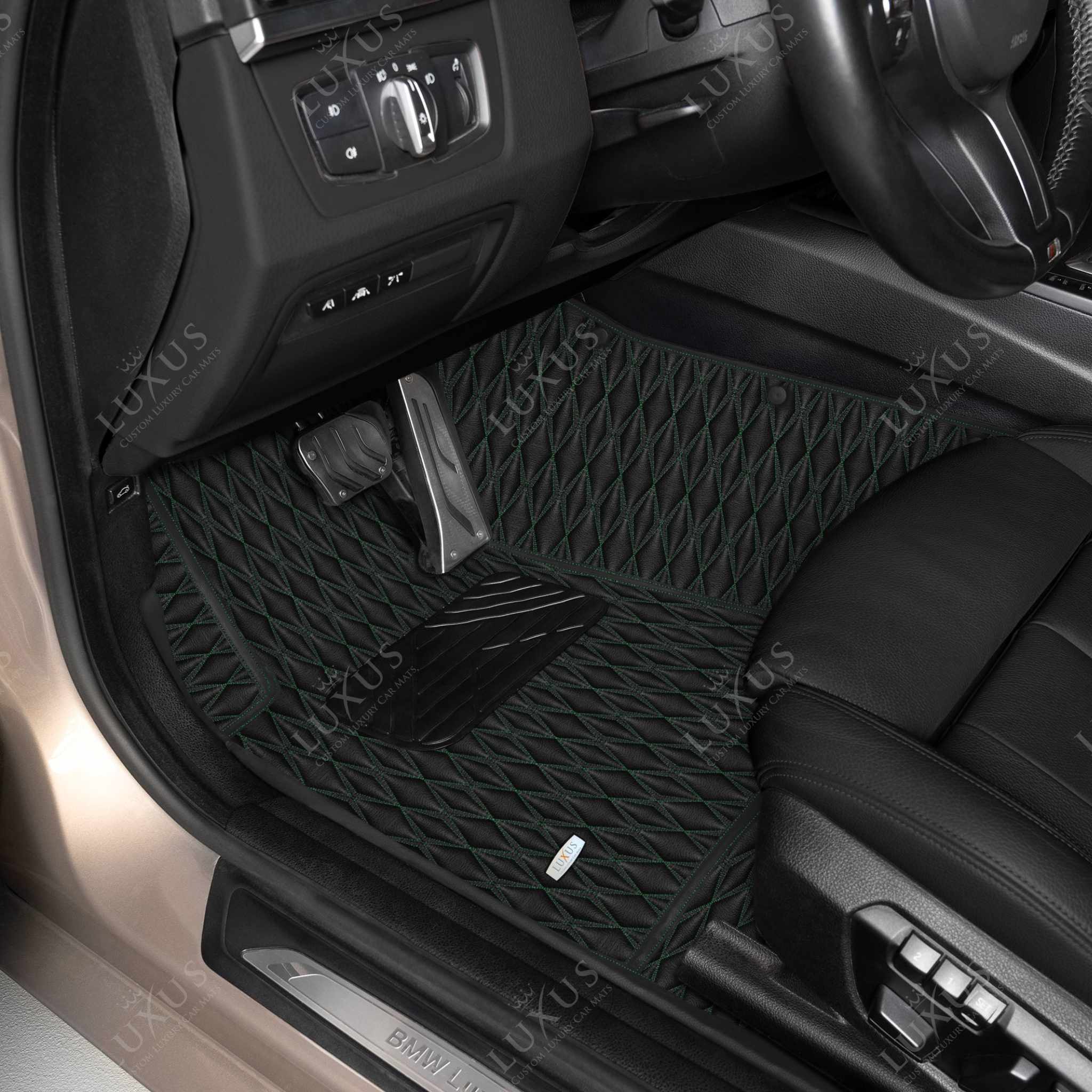 Luxus Premium Twin-Diamond Custom Luxury Car Mats Set | Black & Green Stitching