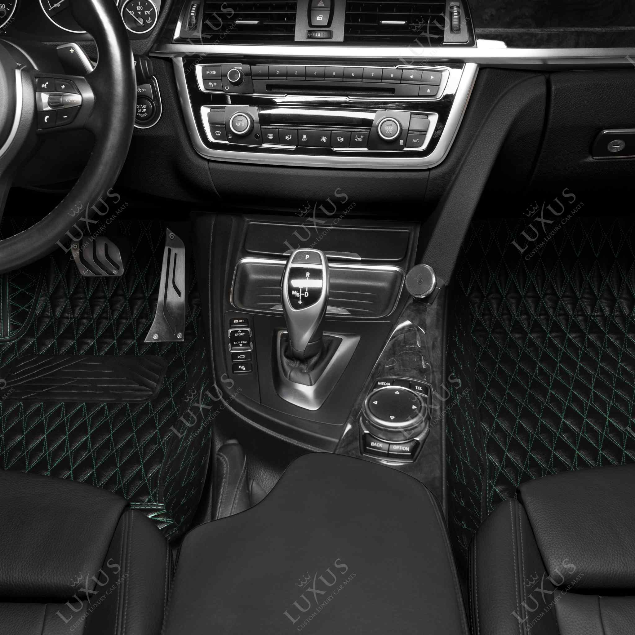 Luxus Premium Twin-Diamond Custom Luxury Car Mats Set | Black & Green Stitching
