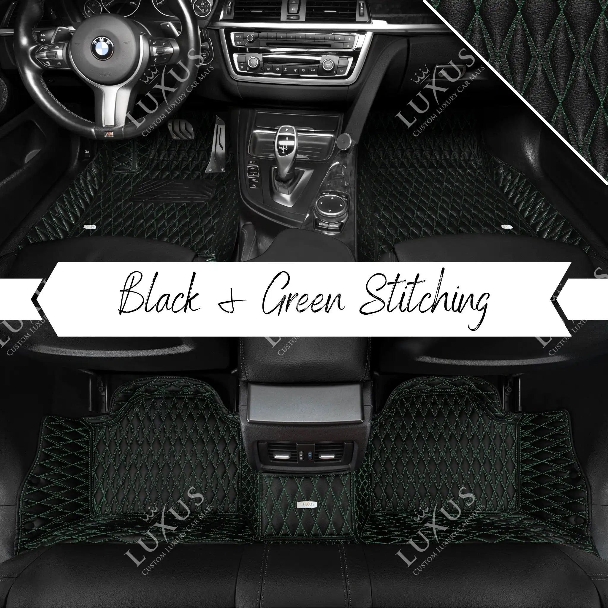 Luxus Premium Twin-Diamond Custom Luxury Car Mats Set | Black & Green Stitching