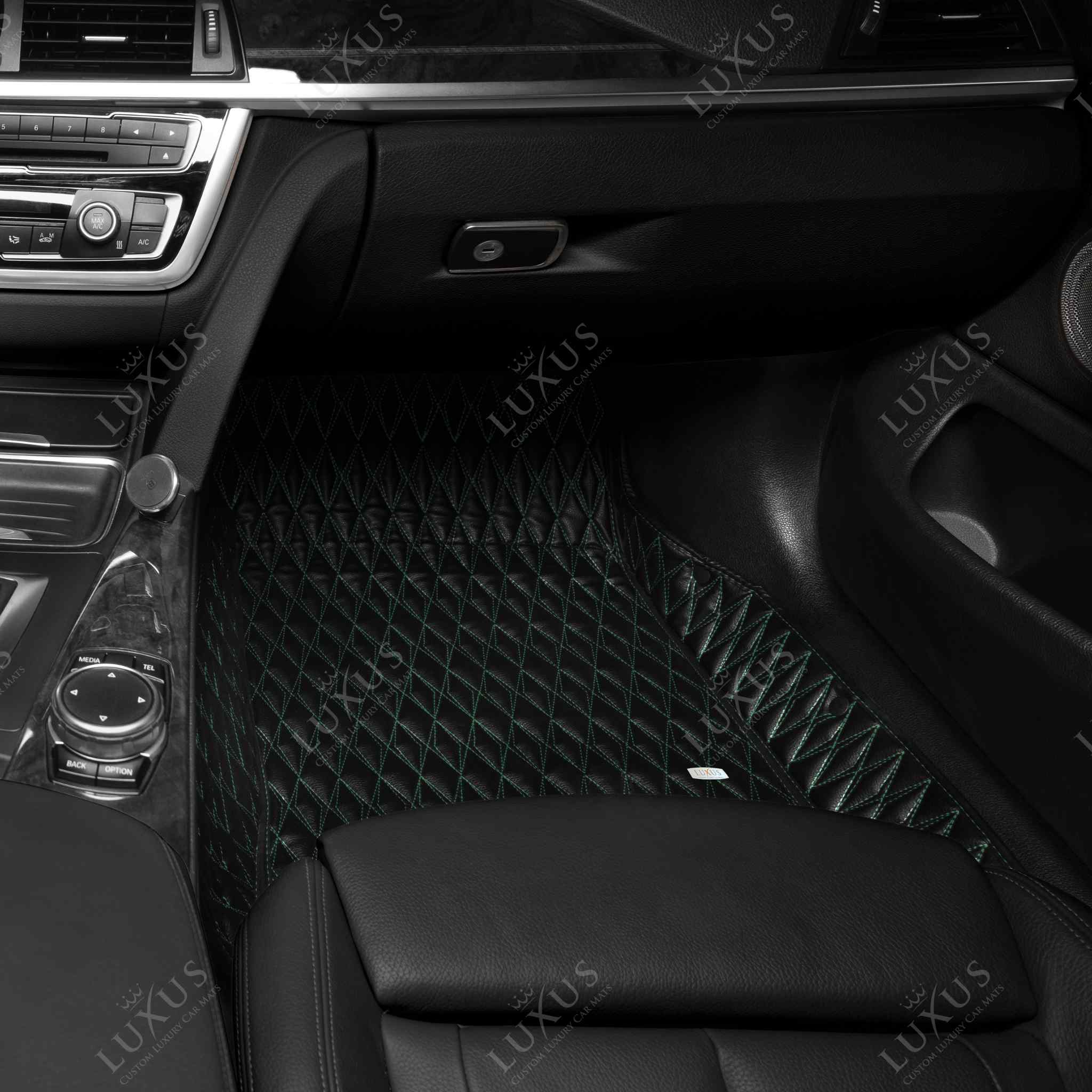 Luxus Premium Twin-Diamond Custom Luxury Car Mats Set | Black & Green Stitching