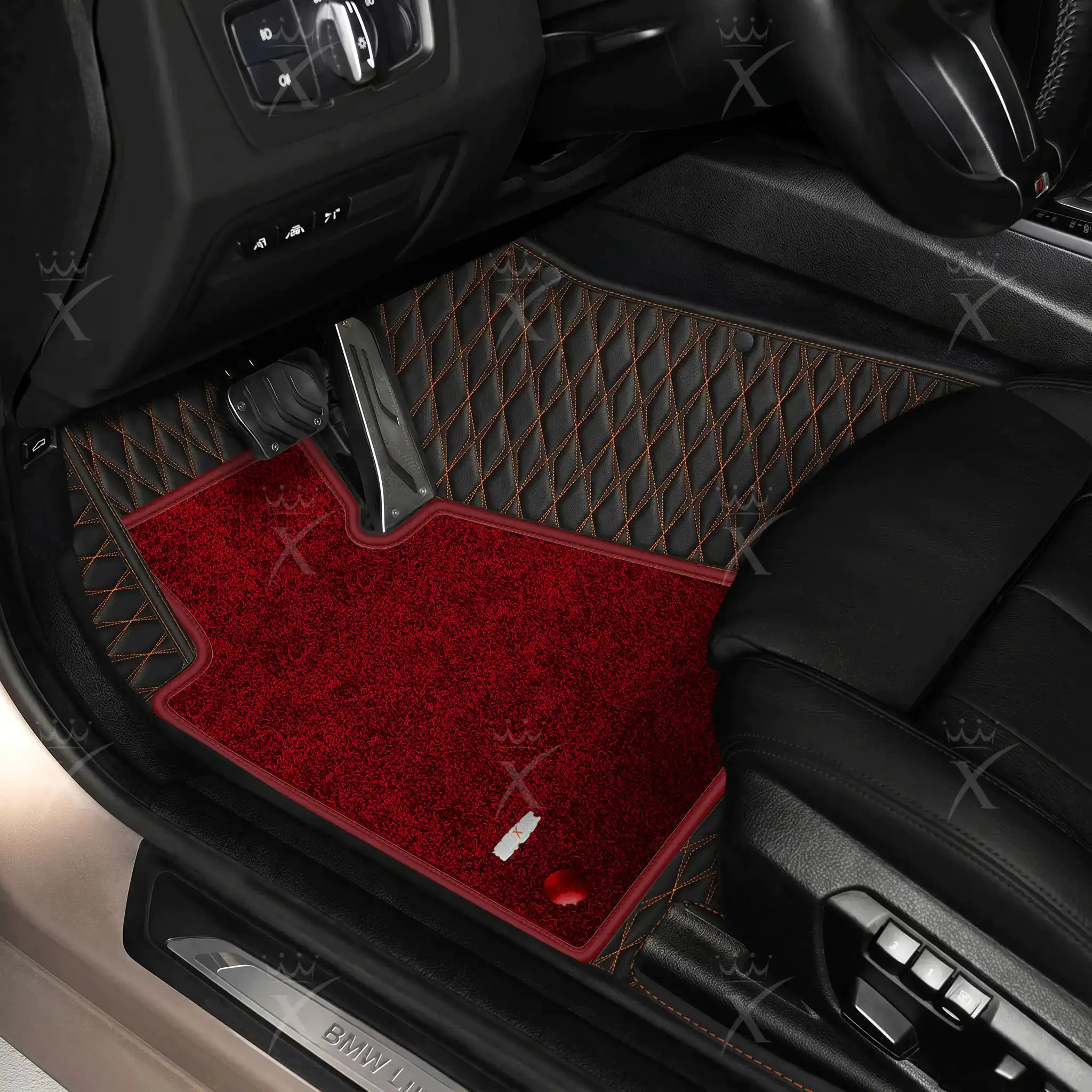 Luxus Twin-Diamond Double Layer Series Floor Mats | Black & Tan Stitching & Bordeaux Wine Top Carpet