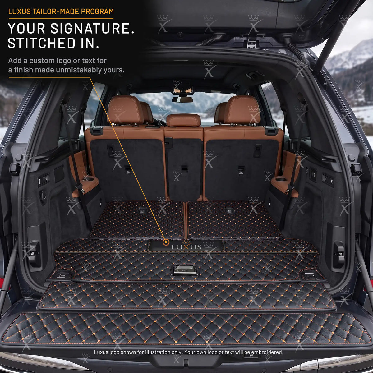 Luxus Car Mats™ - Zwart en oranje stiksel Luxe leren koffer-/koffermat