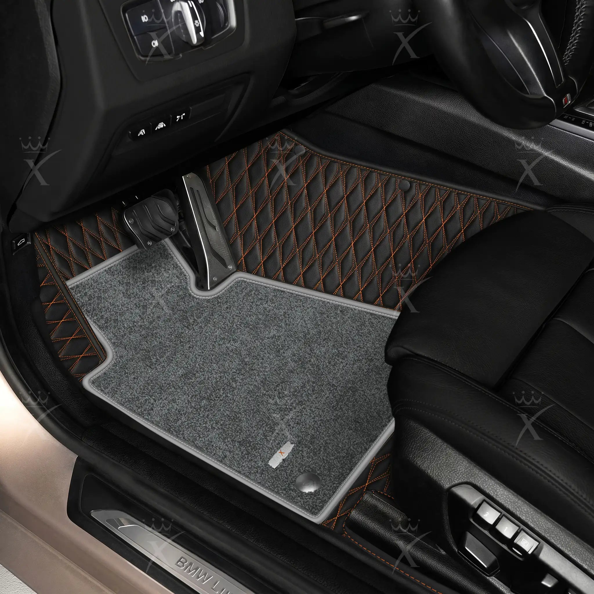 Luxus Twin-Diamond Double Layer Series Floor Mats | Black & Tan Stitching & Graphite Shadow Top Carpet