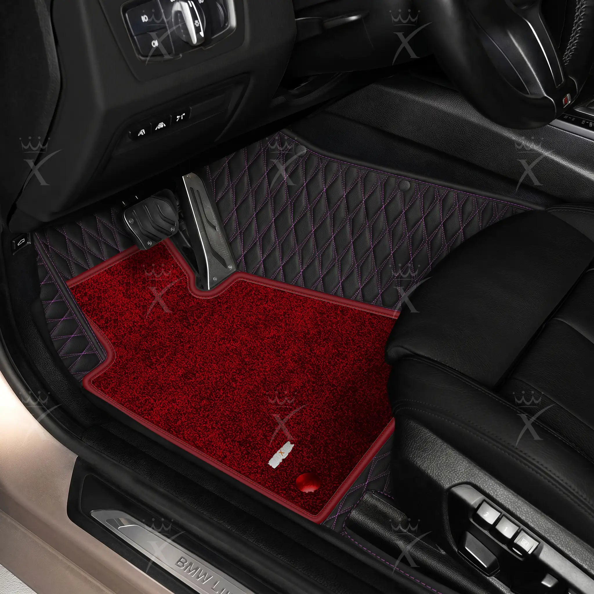 Luxus Twin-Diamond Double Layer Series Floor Mats | Black & Purple Stitching & Bordeaux Wine Top Carpet