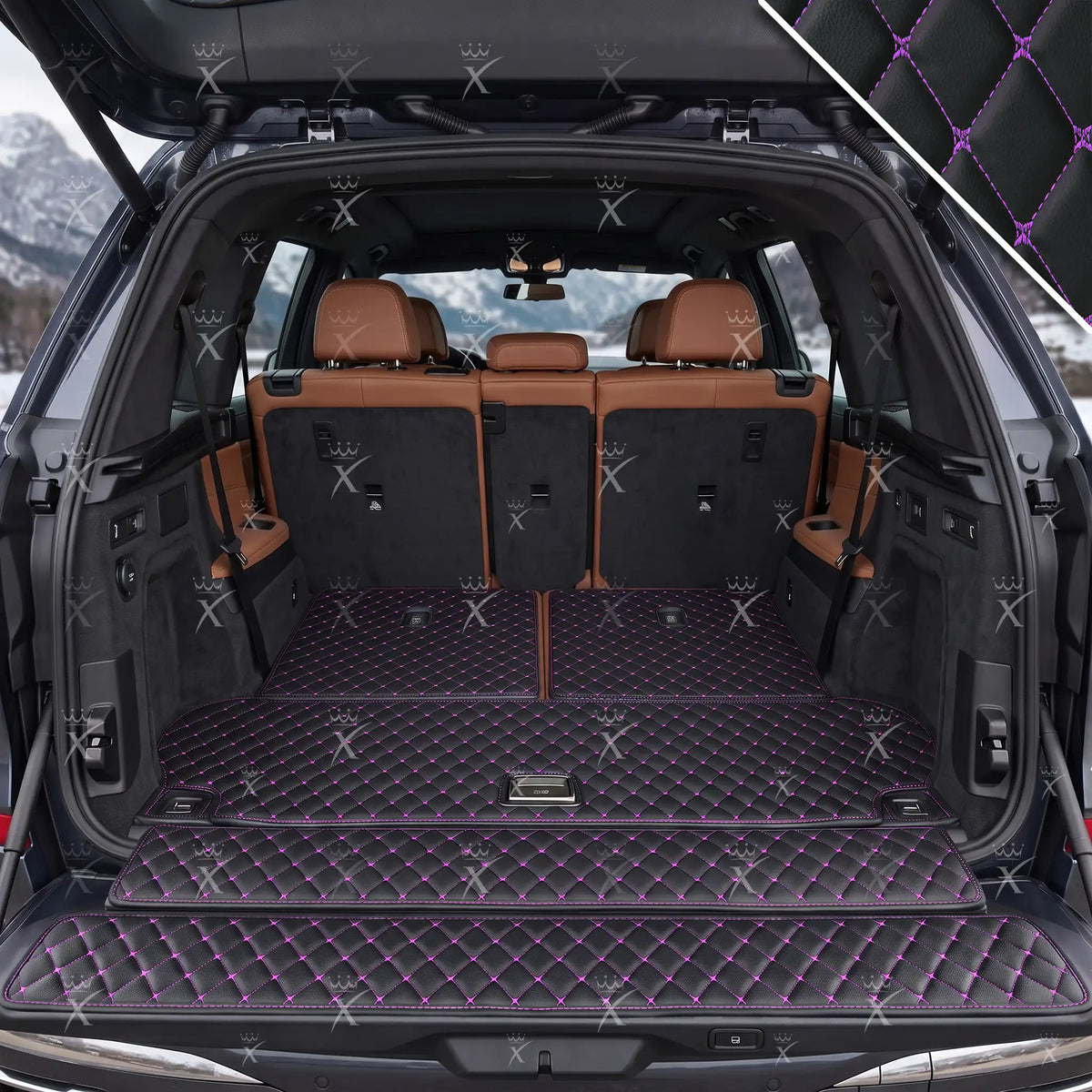 Luxus Diamond BaseFit Series Trunk Mat | Black & Purple Stitching