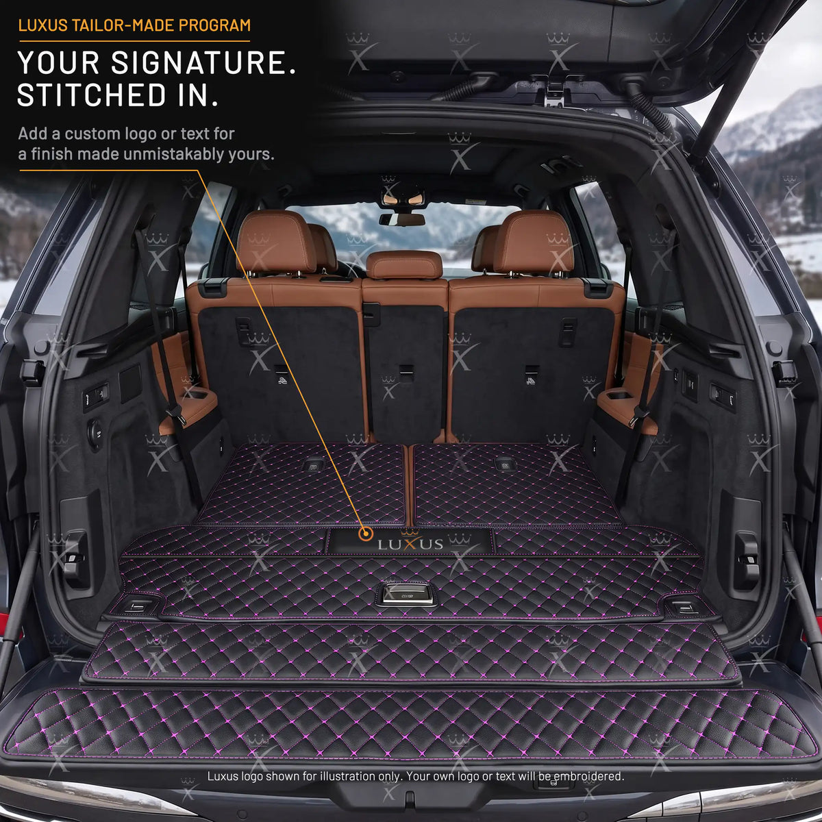 Luxus Car Mats™ – Luxus-Leder-Kofferraum-/Kofferraummatte mit schwarzen und violetten Nähten