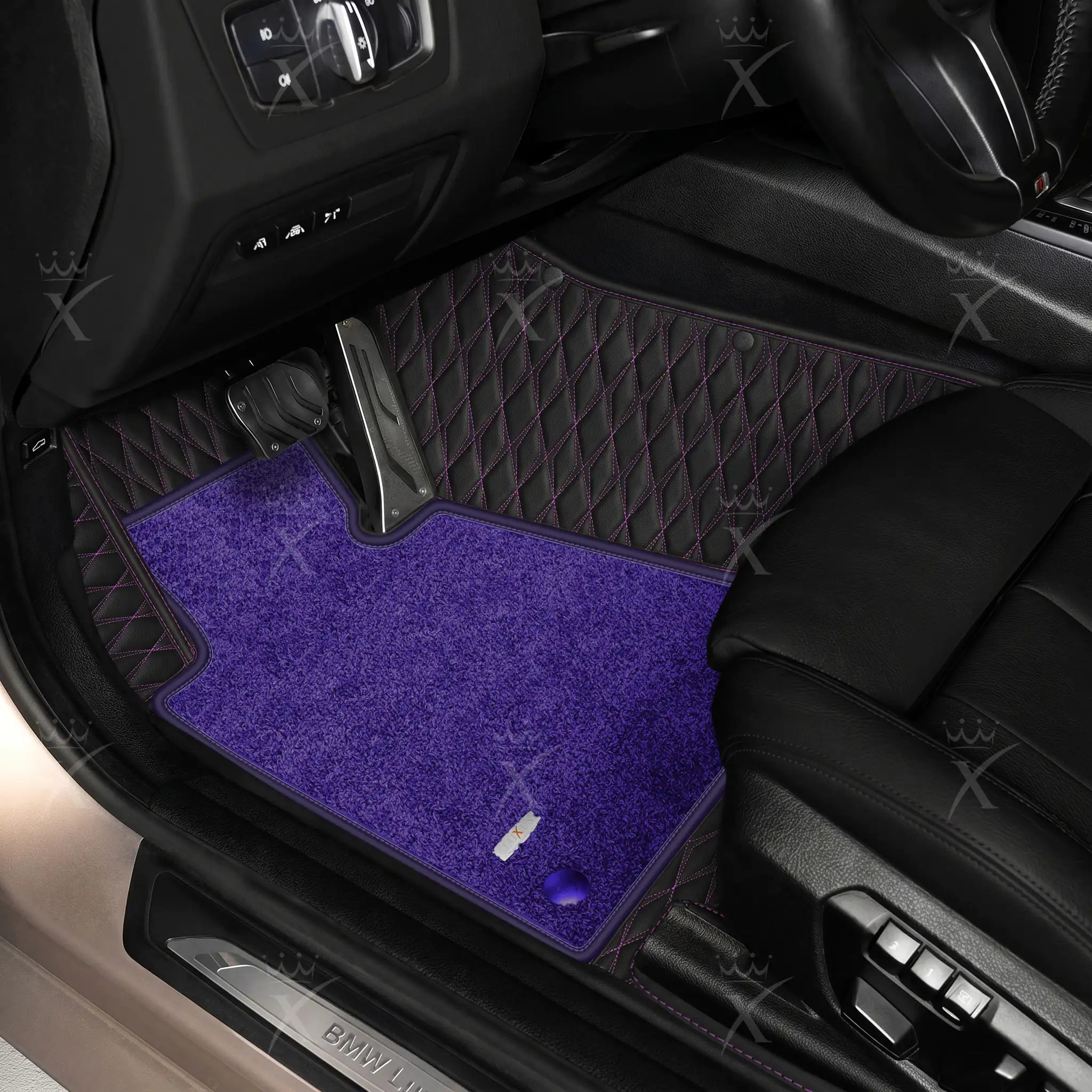 Luxus Twin-Diamond Double Layer Series Floor Mats | Black & Purple Stitching & Imperial Violet Top Carpet