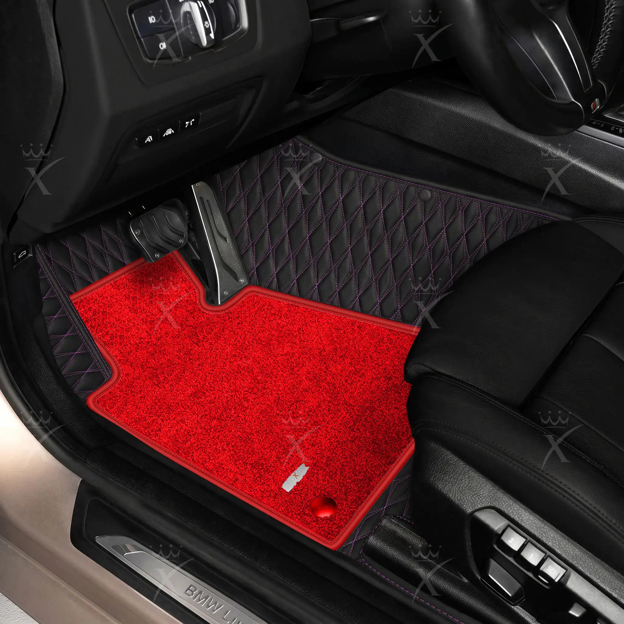Luxus Twin-Diamond Double Layer Series Floor Mats | Black & Purple Stitching & Rosso Corsa Top Carpet