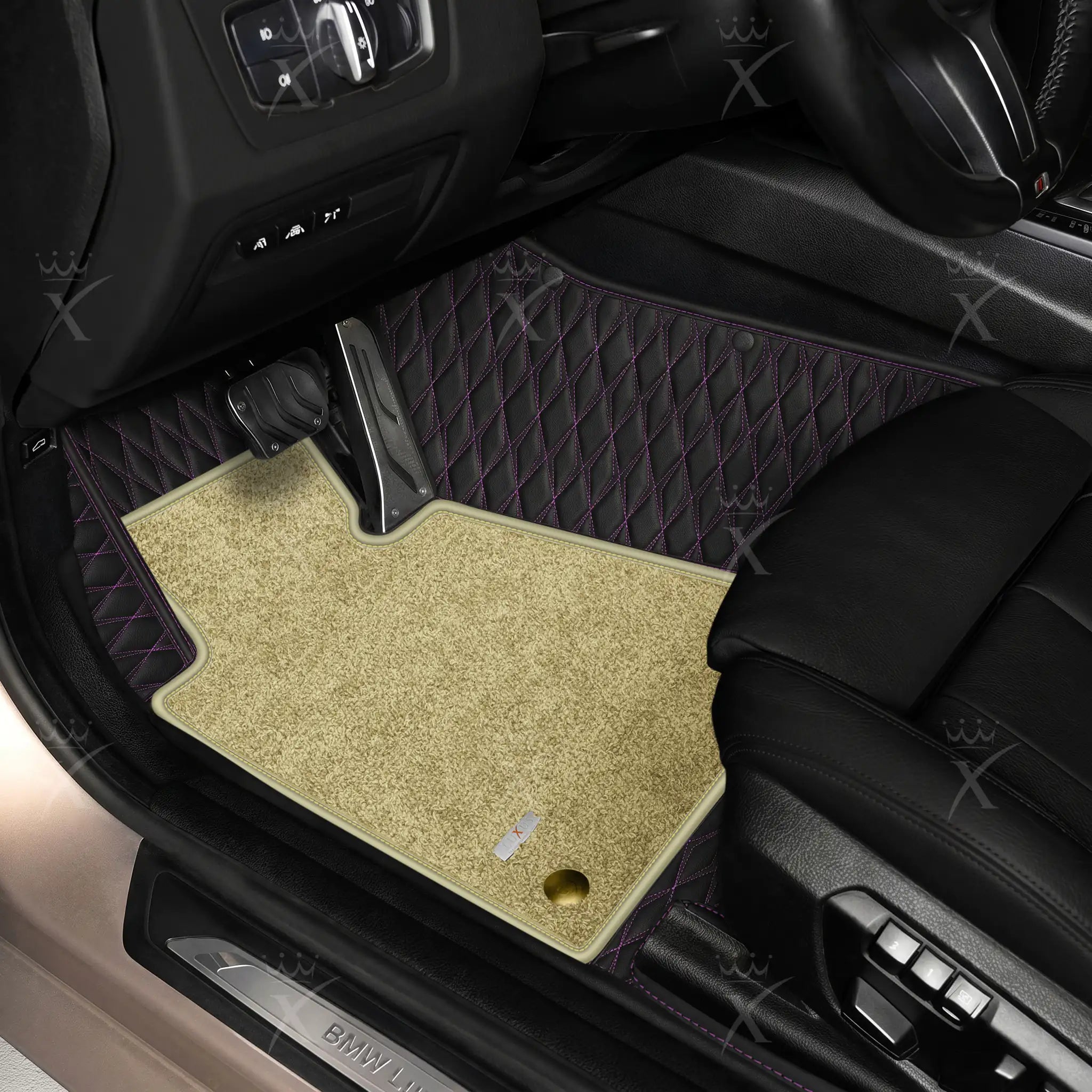 Luxus Twin-Diamond Double Layer Series Floor Mats | Black & Purple Stitching & Sahara Stone Top Carpet