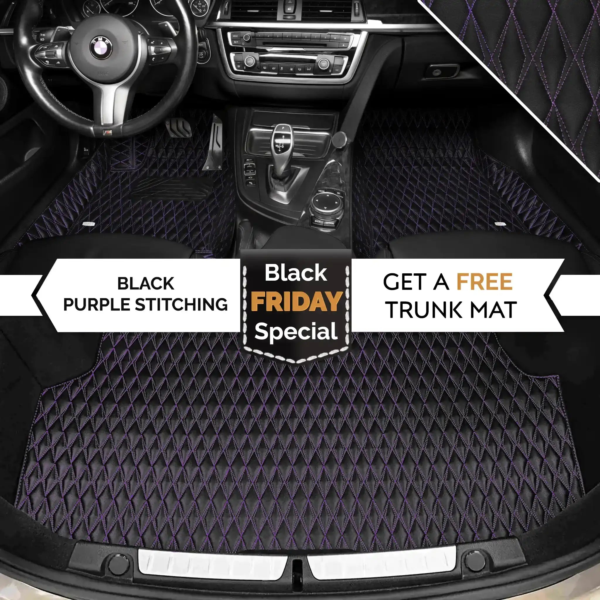 Luxus Premium Twin-Diamond Custom Luxury Car Mats Set | Black & Purple Stitching