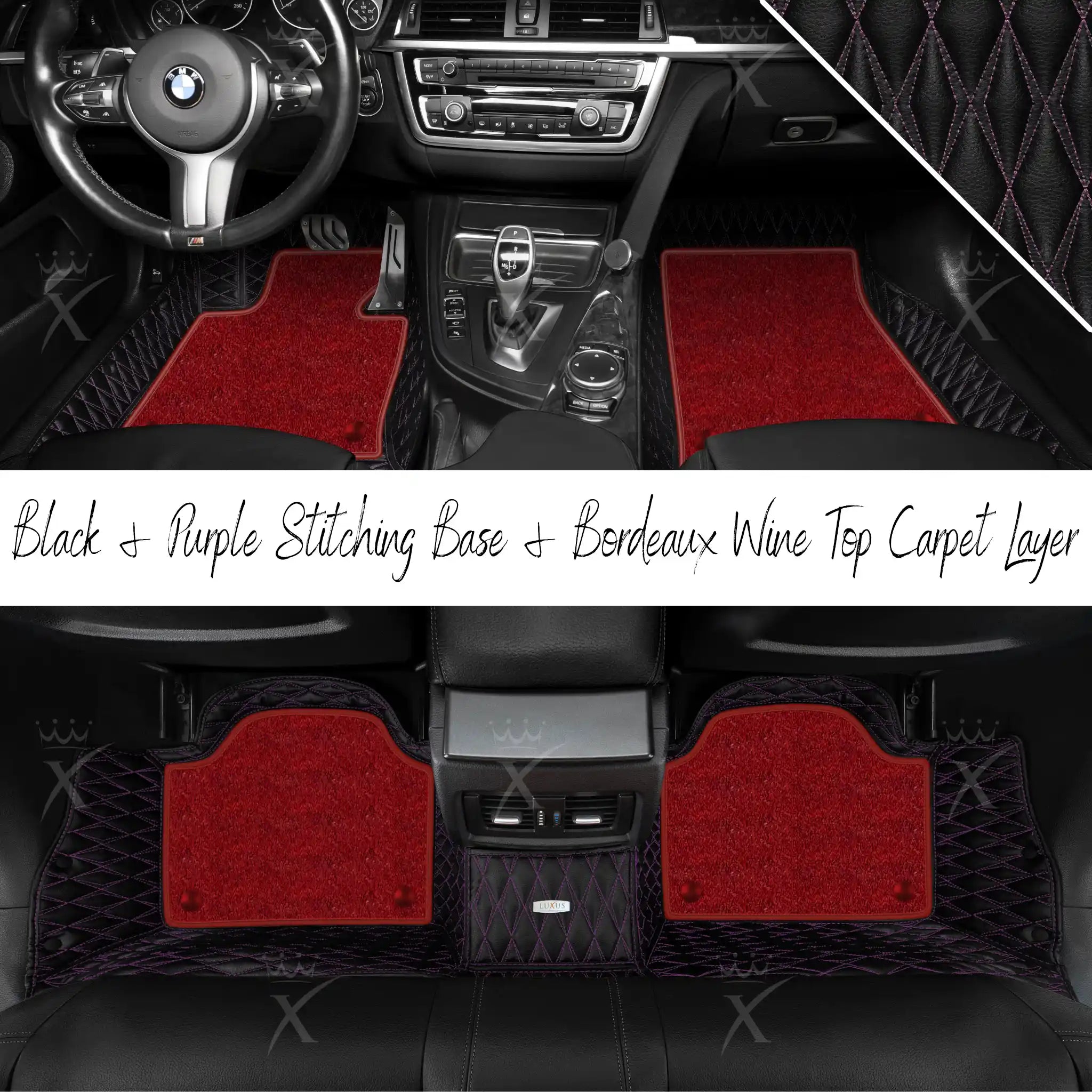 Black & Purple Stitching Twin Diamond & Bordeaux Wine Carpet | Double Layer Luxury Car Mats Set