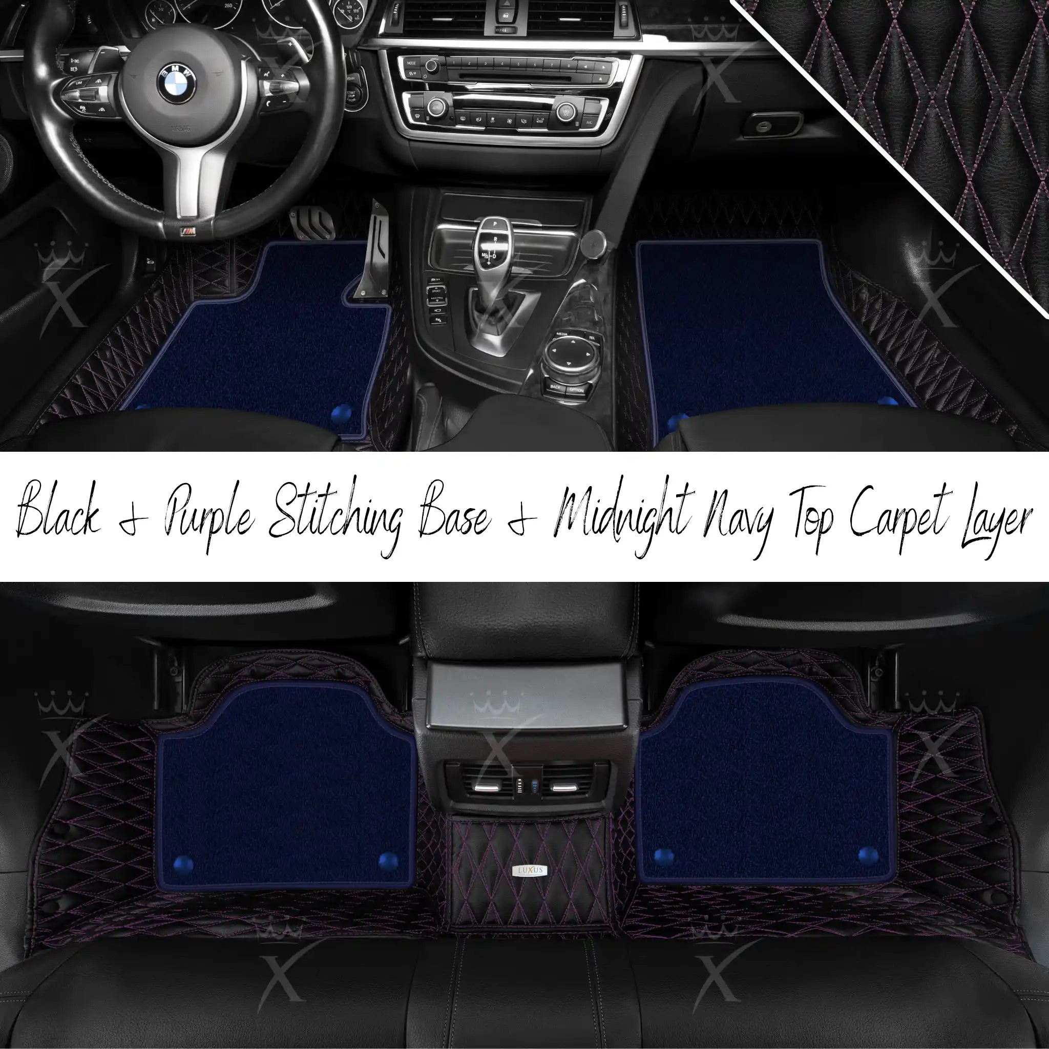 Black & Purple Stitching Twin Diamond & Midnight Navy Carpet | Double Layer Luxury Car Mats Set