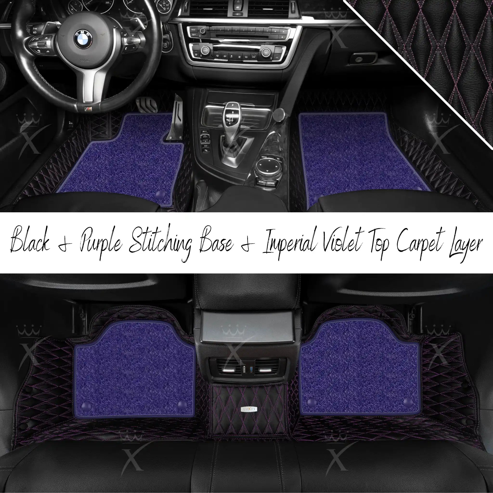 Black & Purple Stitching Twin Diamond & Imperial Violet Carpet | Double Layer Luxury Car Mats Set