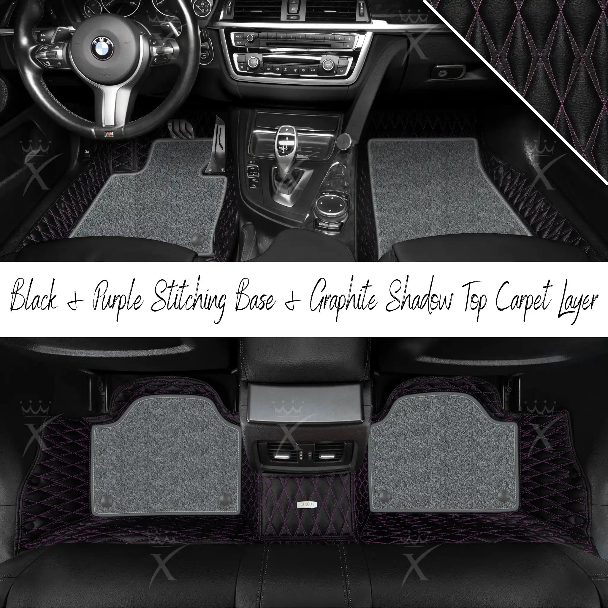 Black & Purple Stitching Twin Diamond & Graphite Shadow Carpet | Double Layer Luxury Car Mats Set