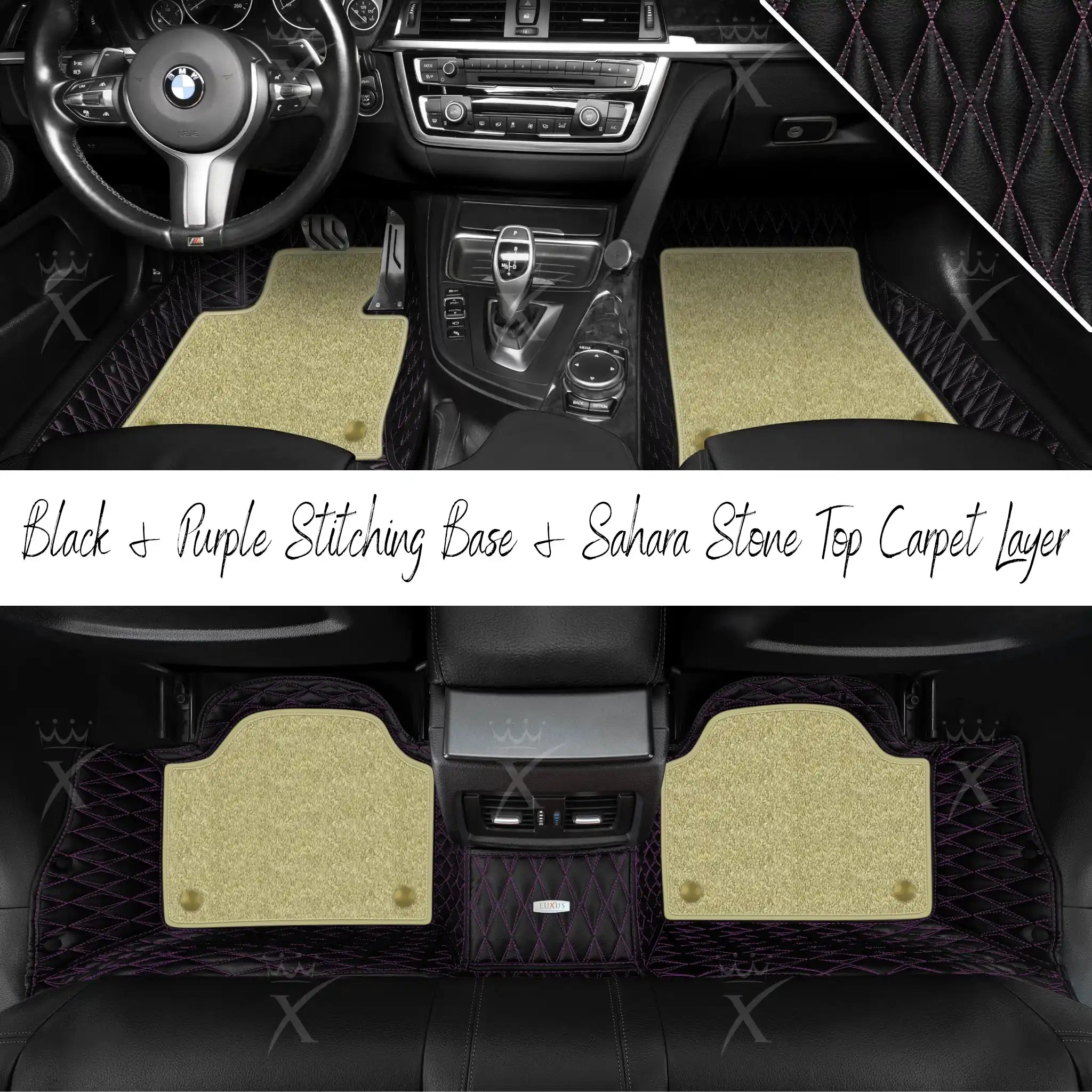 Black & Purple Stitching Twin Diamond & Sahara Stone Carpet | Double Layer Luxury Car Mats Set