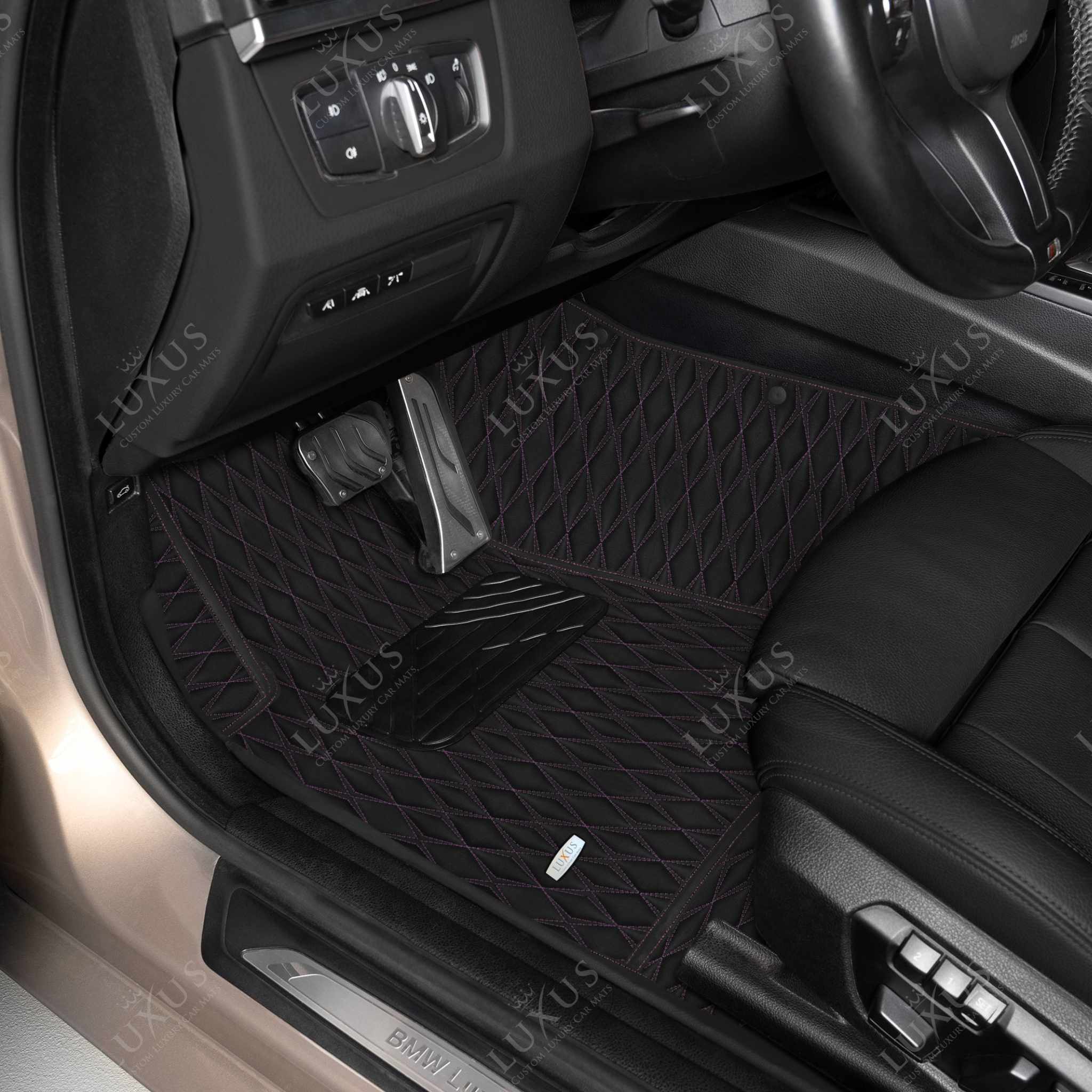 Luxus Premium Twin-Diamond Custom Luxury Car Mats Set | Black & Purple Stitching
