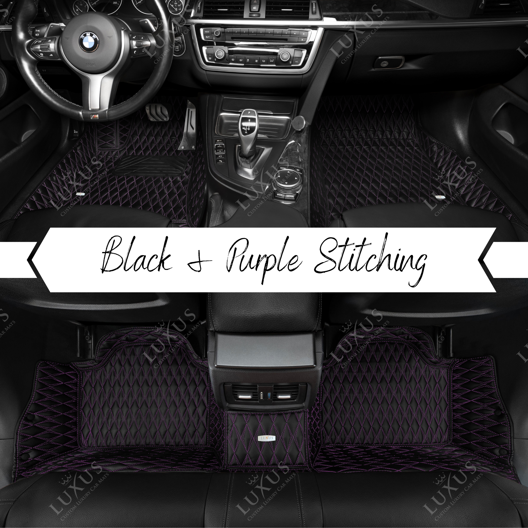Twin-Diamond Black & Purple Stitching Luxury Car Mats Set