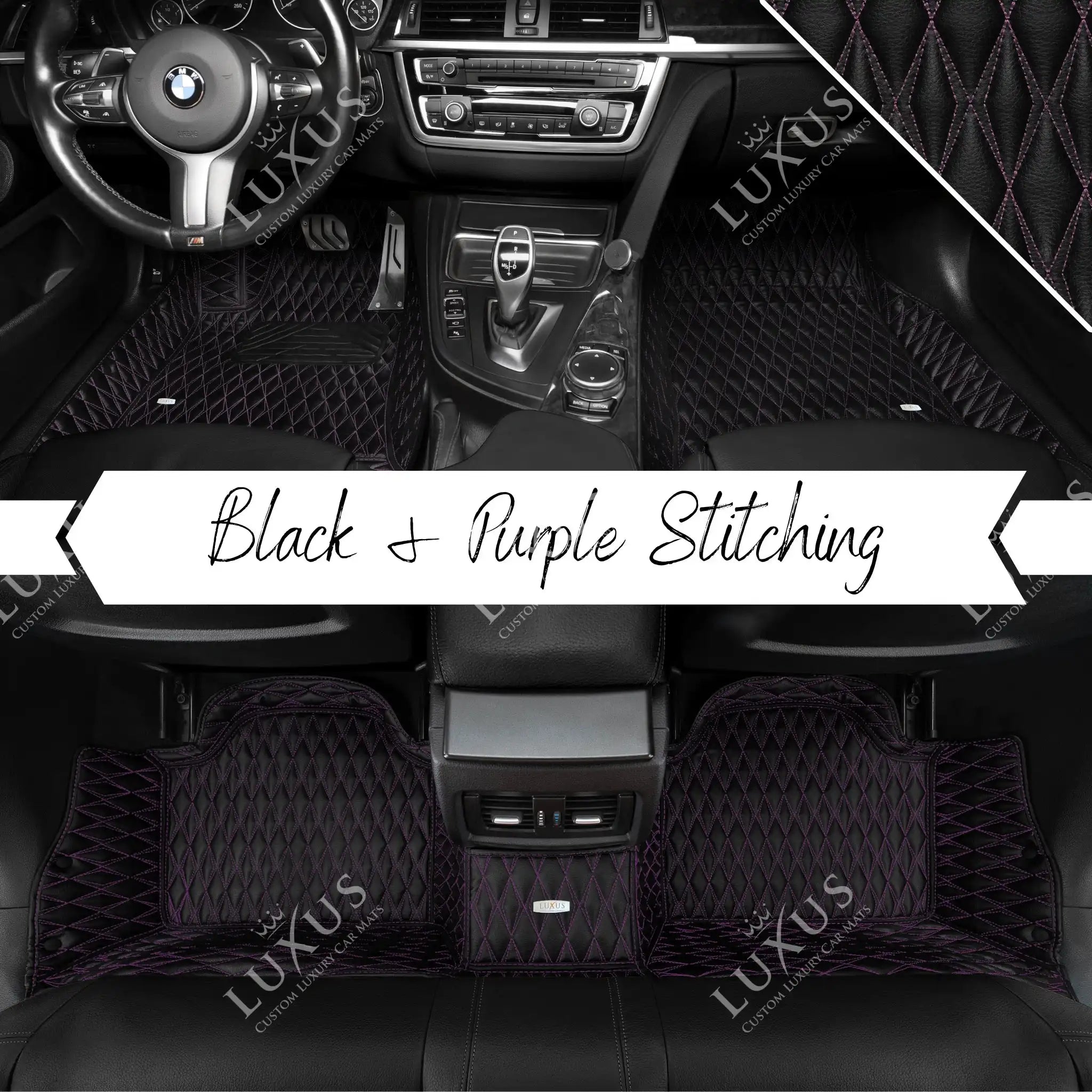 Luxus Premium Twin-Diamond Custom Luxury Car Mats Set | Black & Purple Stitching