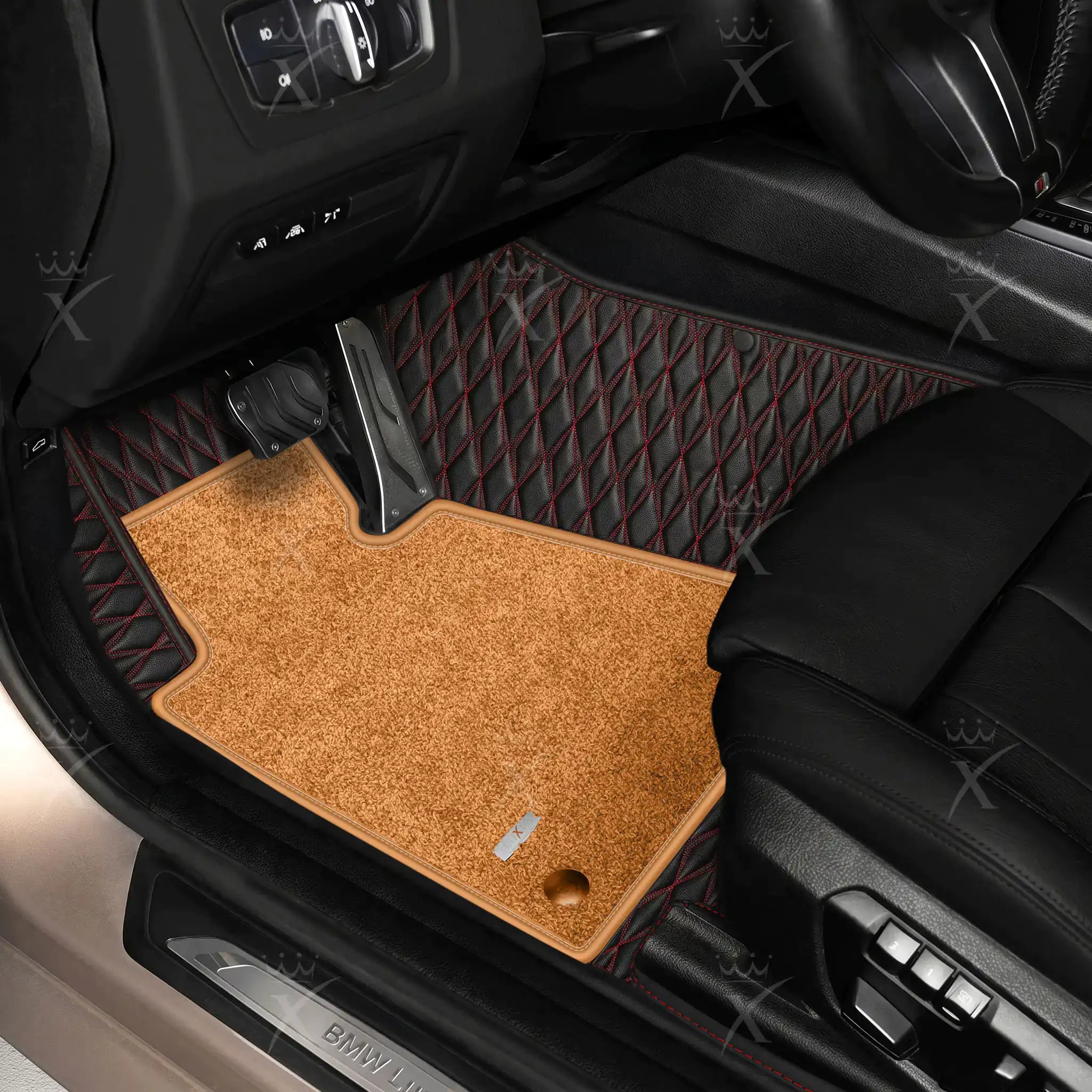 Luxus Twin-Diamond Double Layer Series Floor Mats | Black & Red Stitching & Cognac Tan Top Carpet