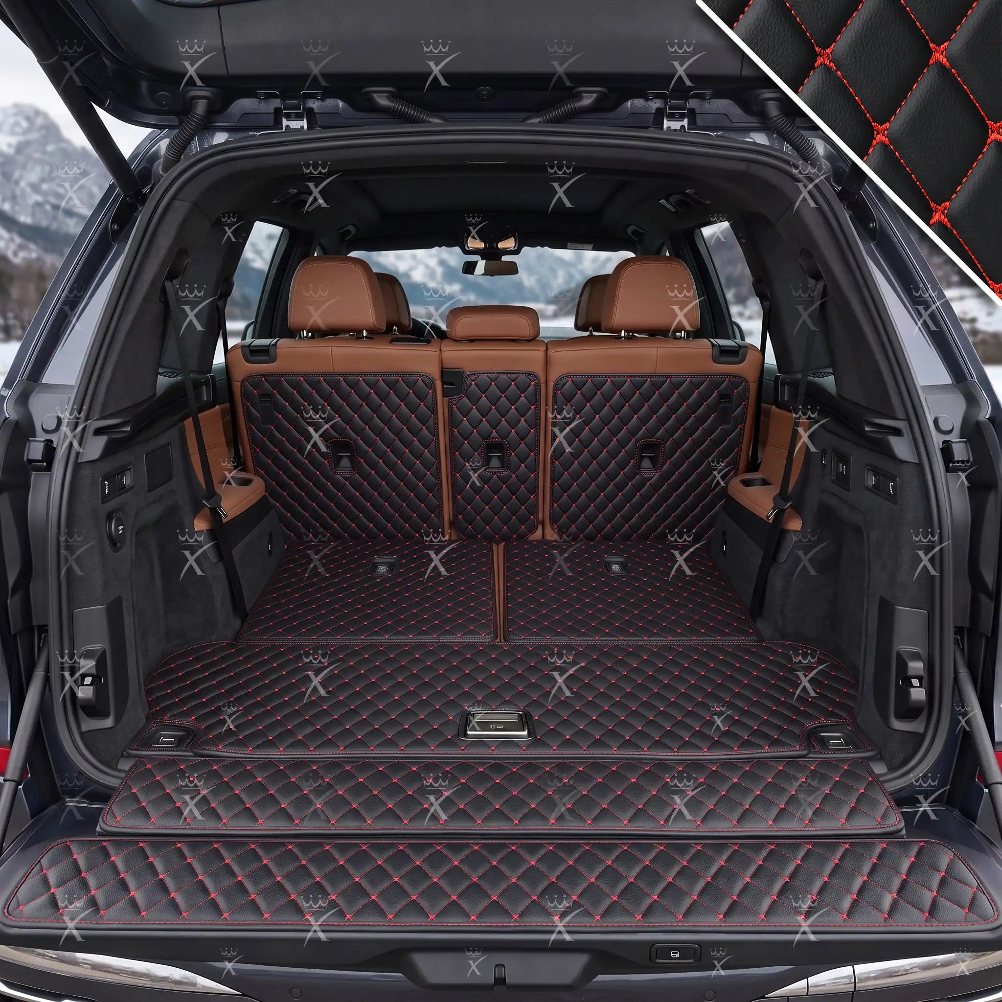 Luxus Car Mats™ - Zwarte en zwarte stiksels 3D luxe lederen koffer-/koffermat