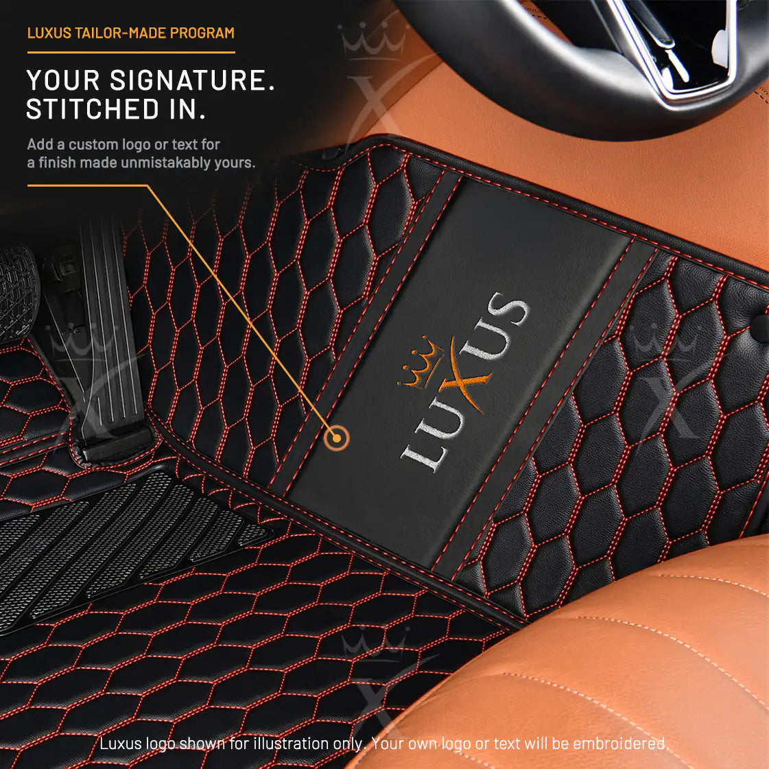 Luxus Honeycomb Double Layer Series Floor Mats | Black & Red Stitching & Gray Top Carpet