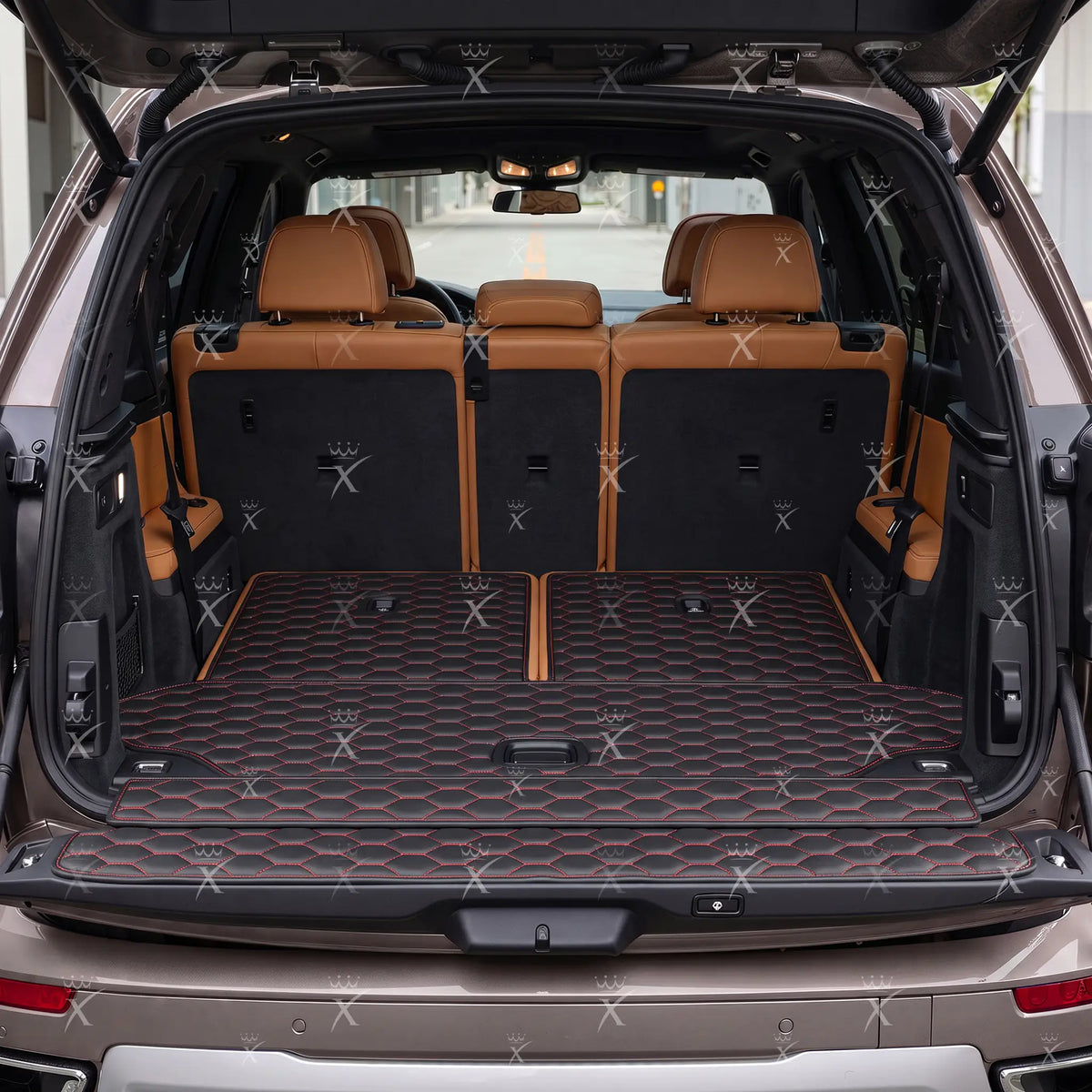 Luxus Honeycomb BaseFit Series Trunk Mat | Black & Red Stitching